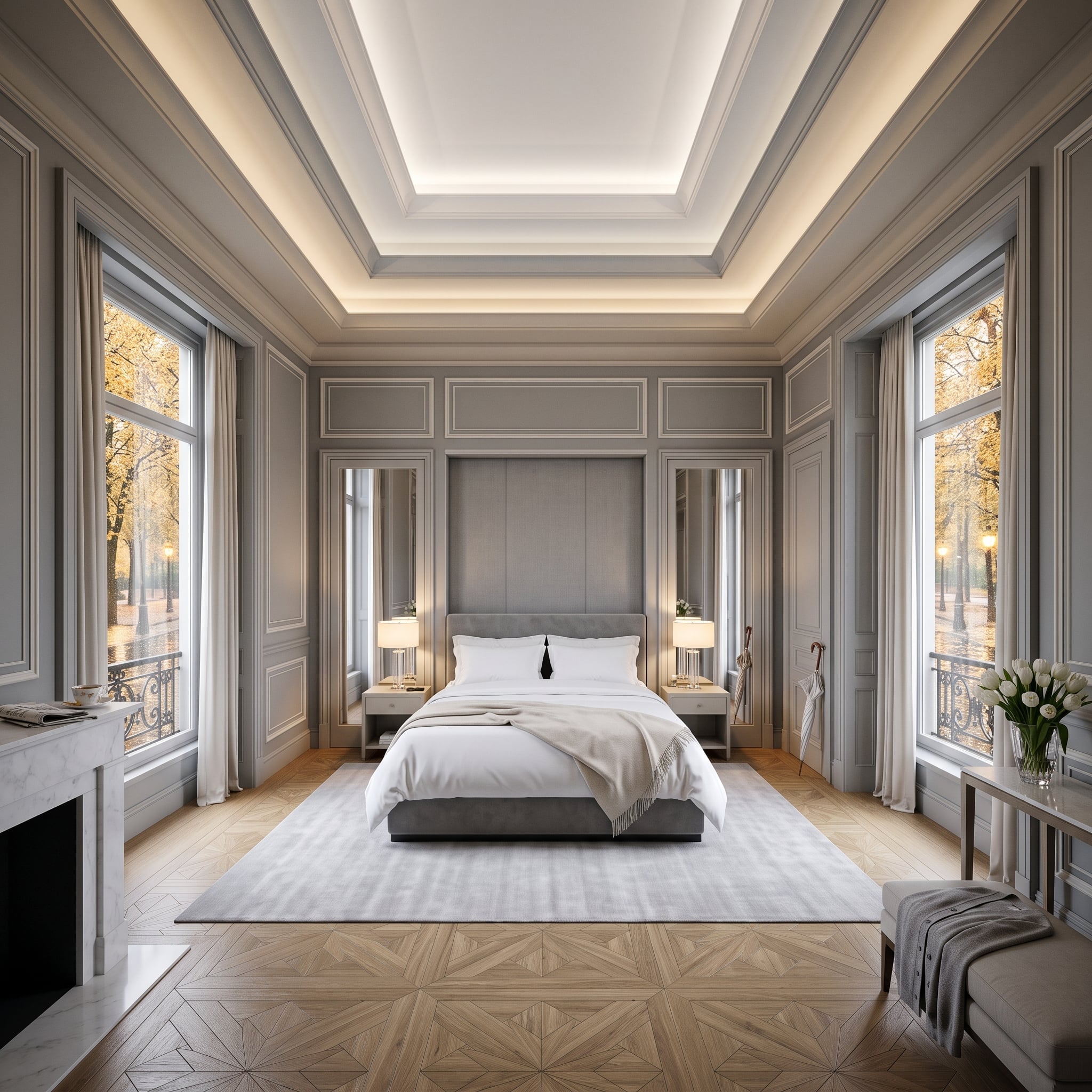 Elegant bedroom with coffered ceiling, geometric parquet floor, tall mirrors, and upholstered headboard