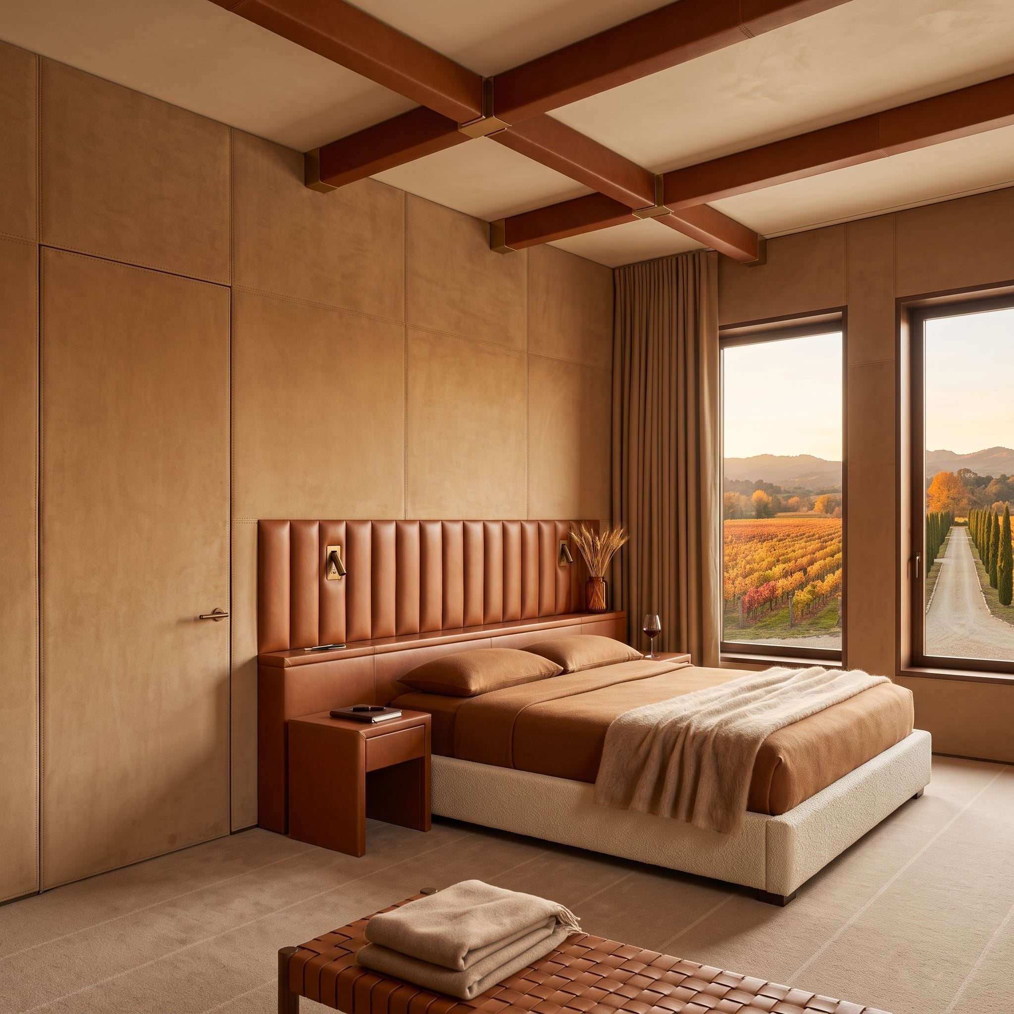 Warm bedroom with cognac-toned channel headboard wall, dark exposed beams, and vineyard view
