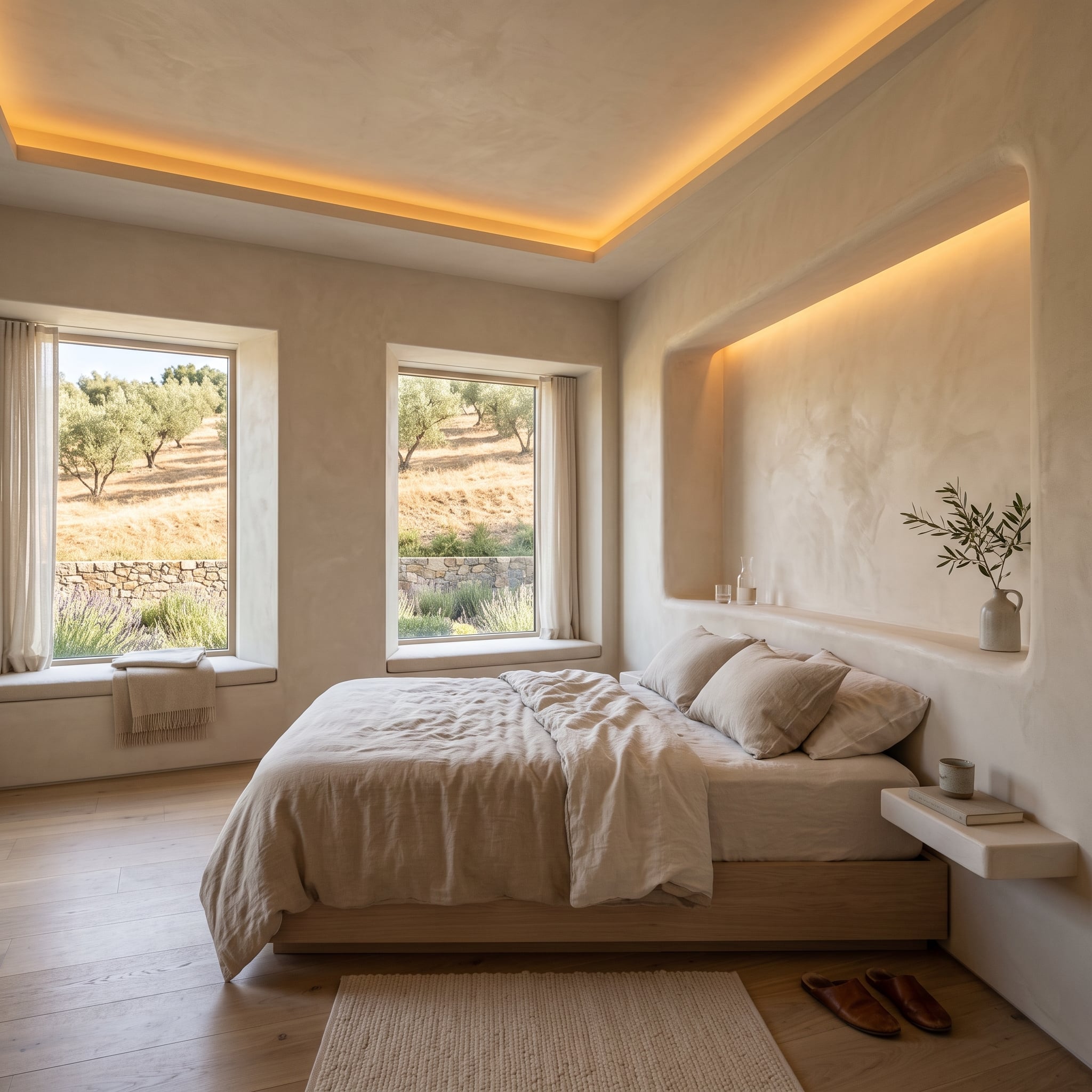 Warm limewash-style bedroom with recessed tray ceiling, bed niche, and deep window reveals