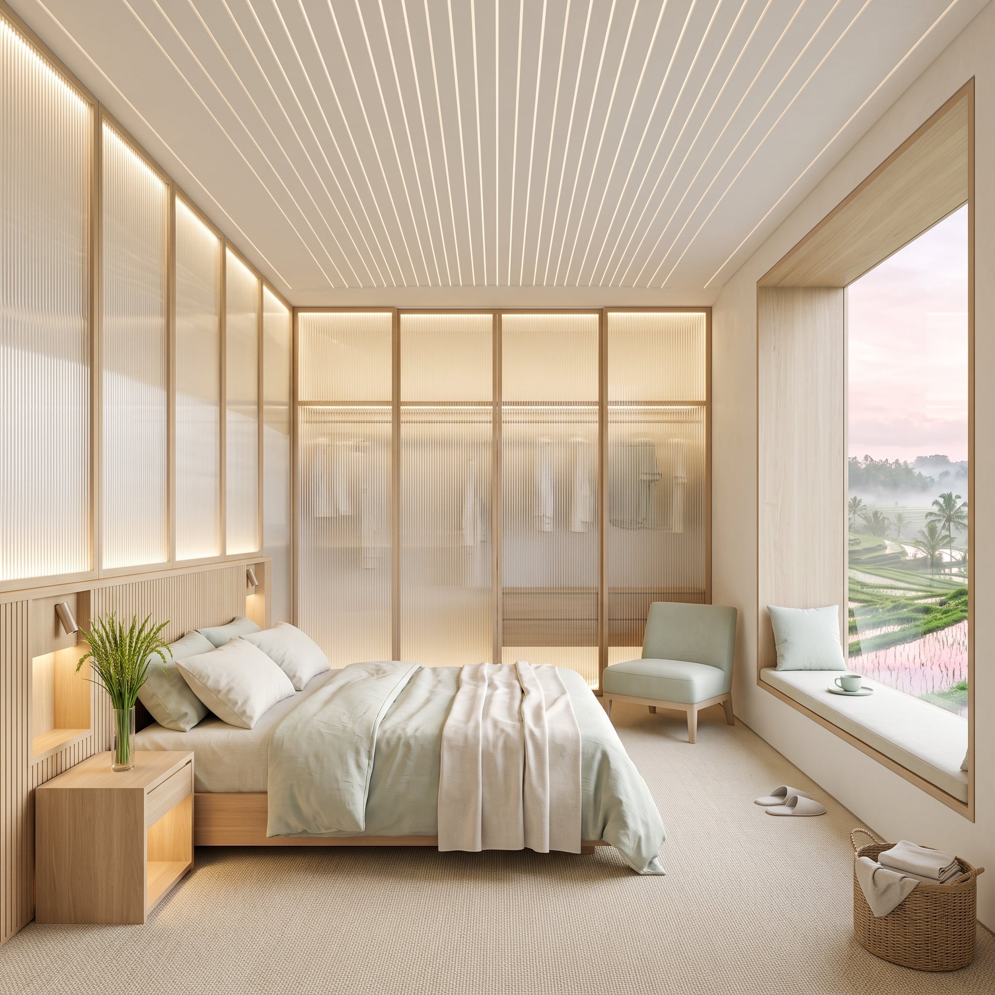 Pale wood bedroom with linear ceiling, backlit wardrobe wall, and misty terraced landscape