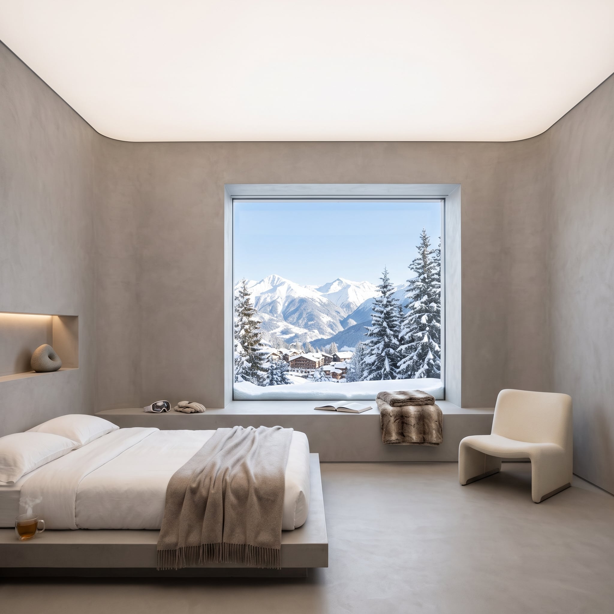 Minimal pale gray bedroom with continuous wall finish, low platform bed, cove lighting, and snowy mountain view