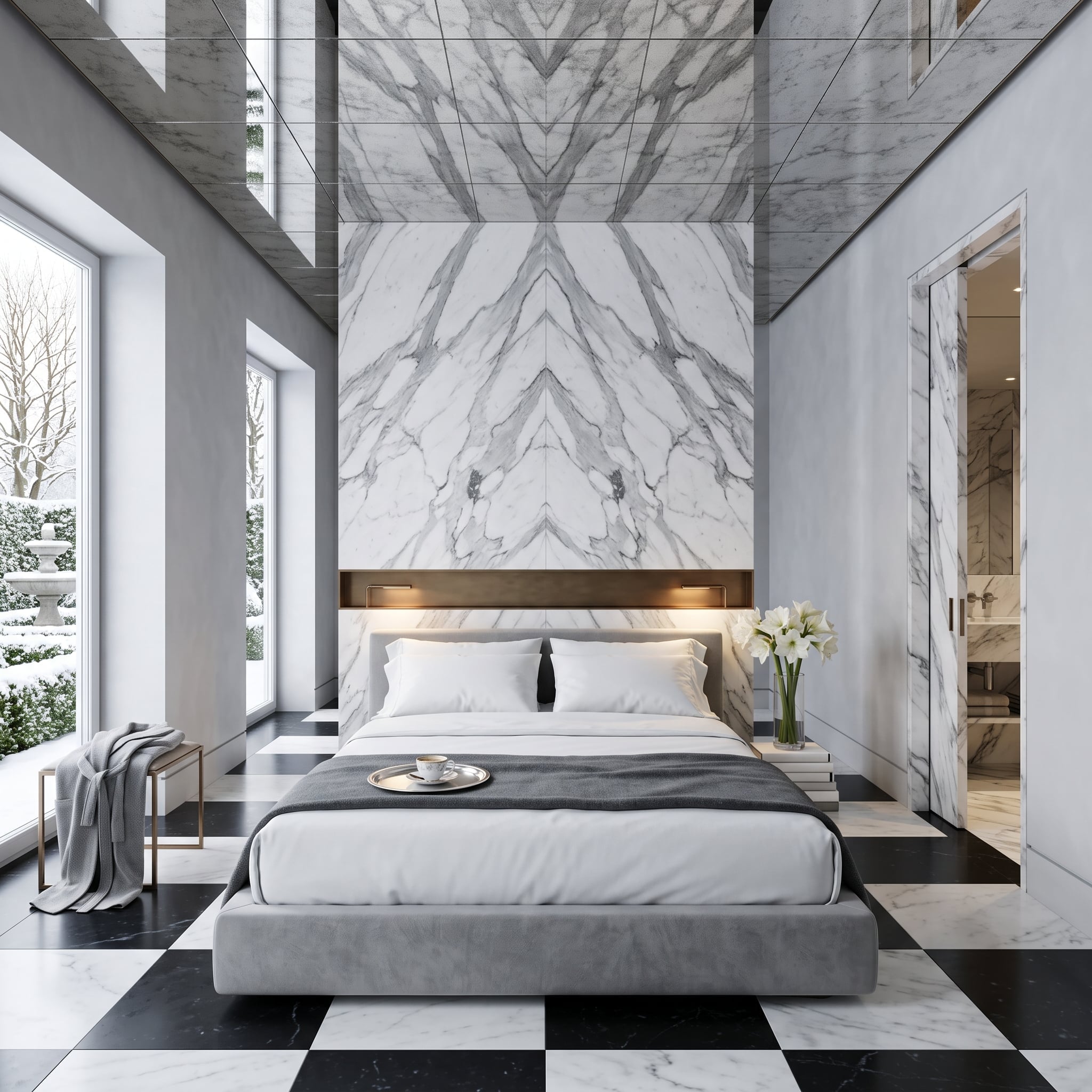 Stone-clad bedroom with bookmatched wall panels, patterned ceiling, and black-and-white checkerboard floor