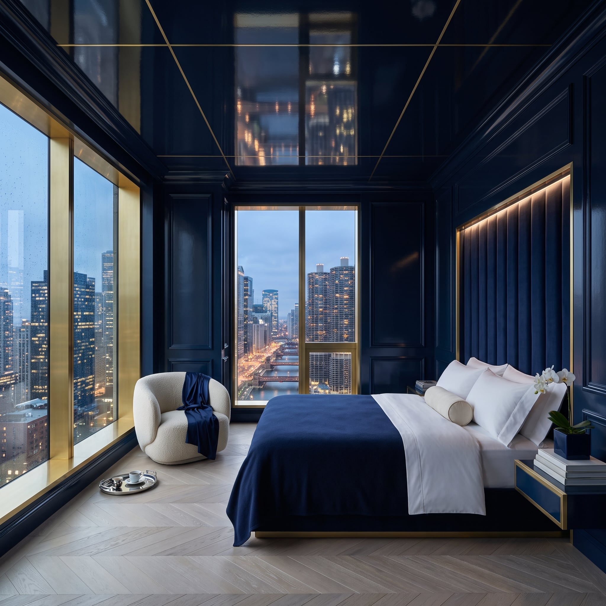 Deep navy bedroom with gold ceiling lines, herringbone wood floor, and city view