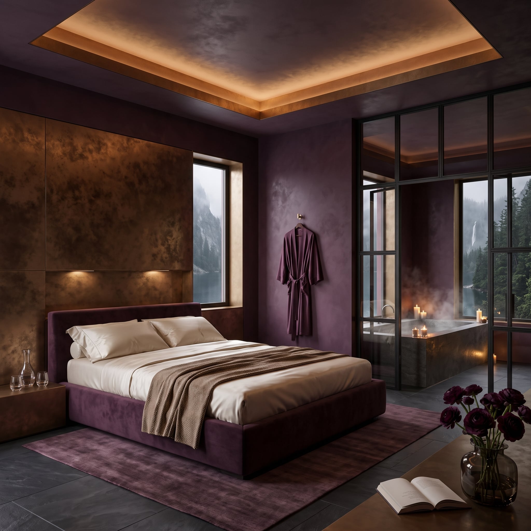 Plum bedroom with patinated metal wall panels, tray ceiling, and glass-enclosed bathing area