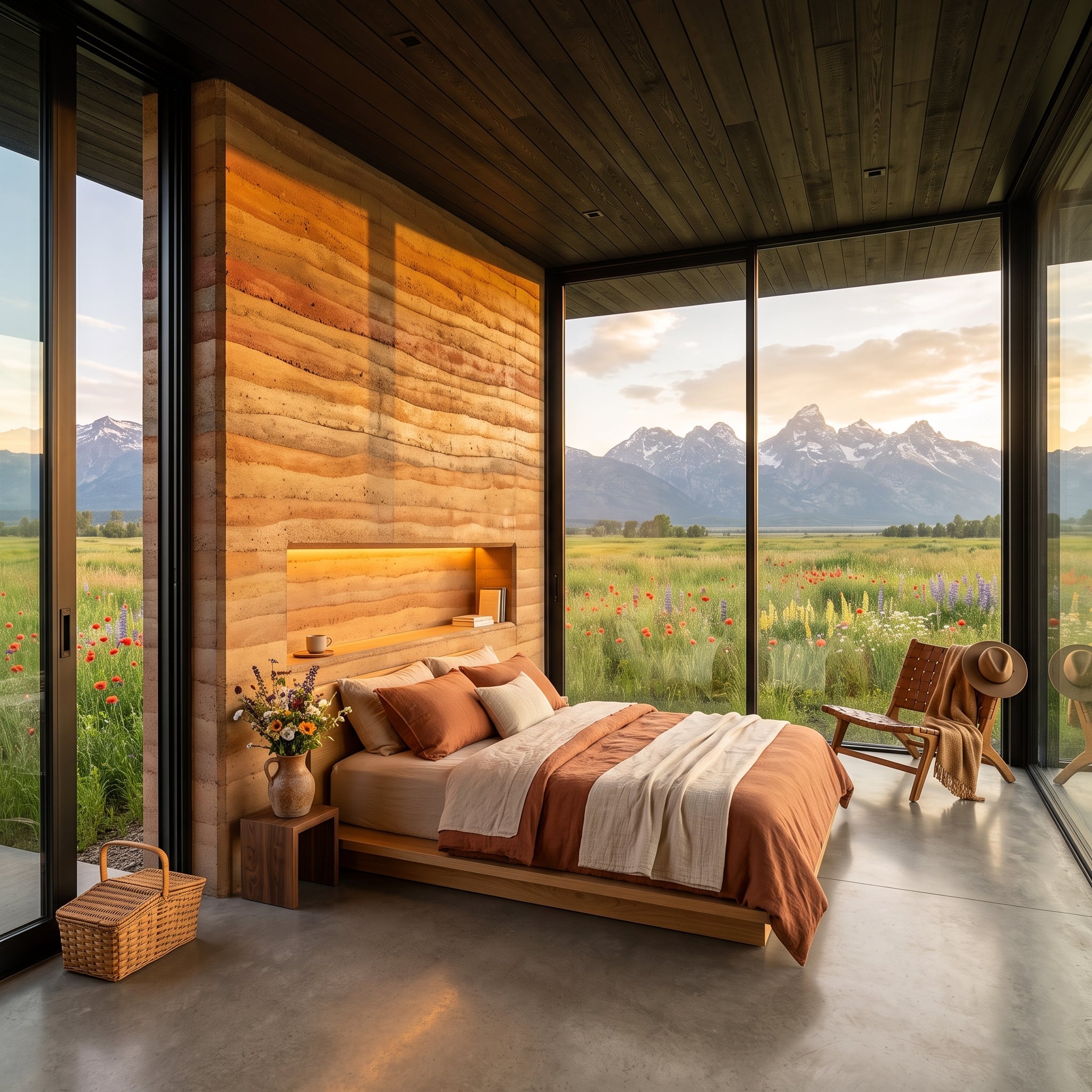 Bedroom with striated earth-toned headboard wall, recessed lighting, and mountain views