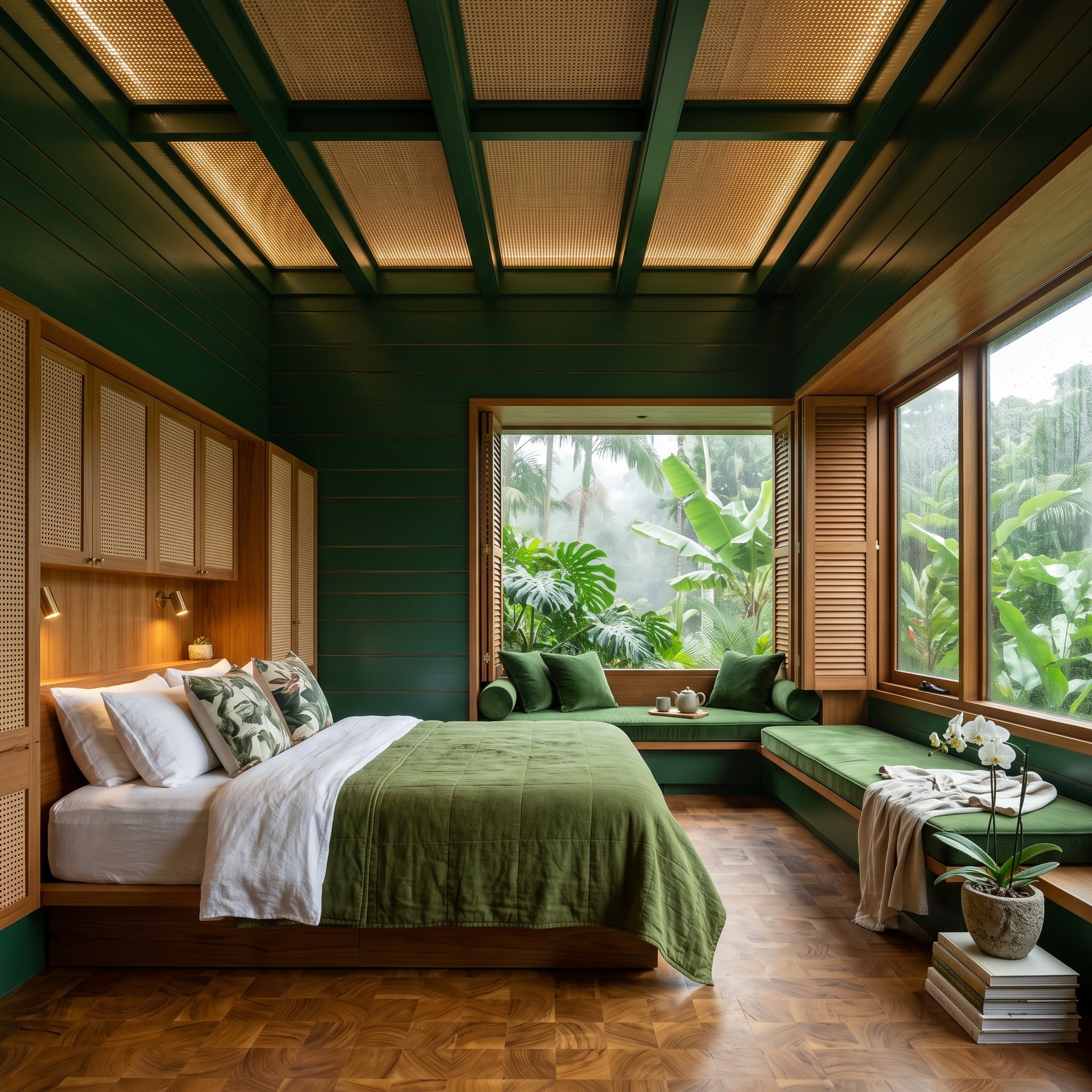 Deep forest green bedroom with woven ceiling panels and herringbone parquet floor