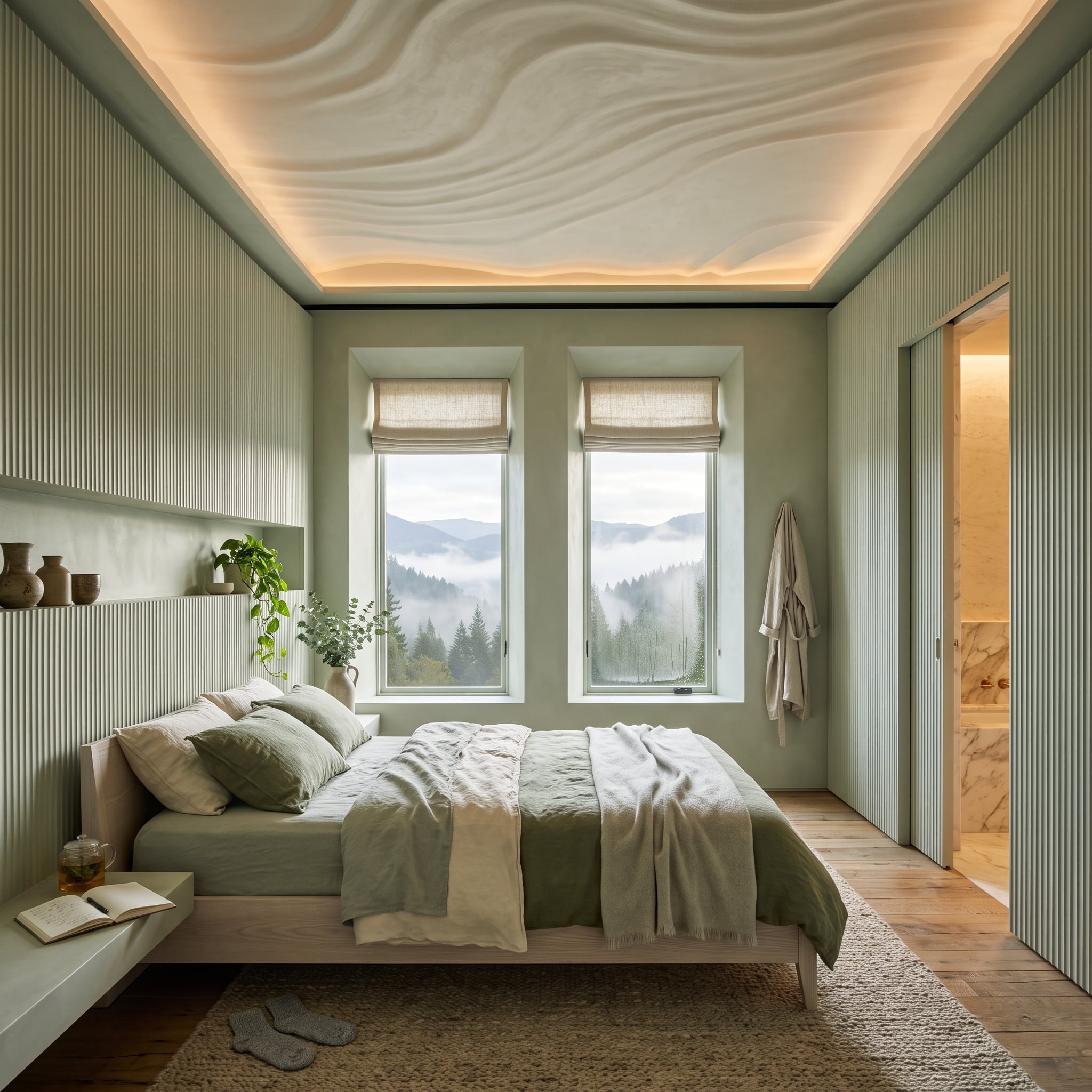 Sage green bedroom with ribbed walls, sculpted wave ceiling, and misty mountain view
