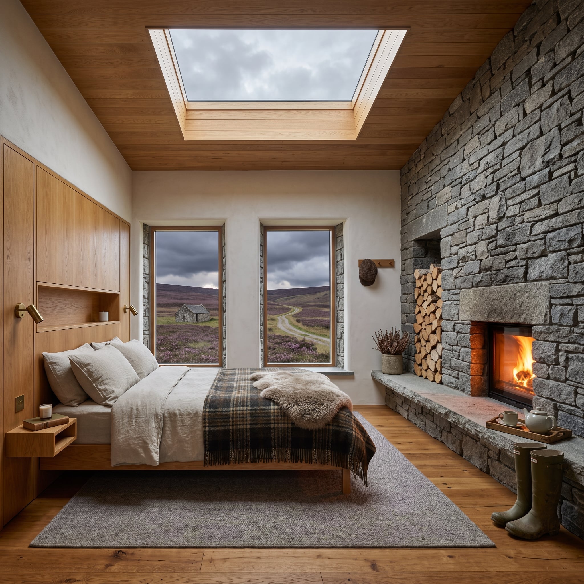 Bedroom with full-height stone fireplace wall, skylight, timber ceiling, and moorland view