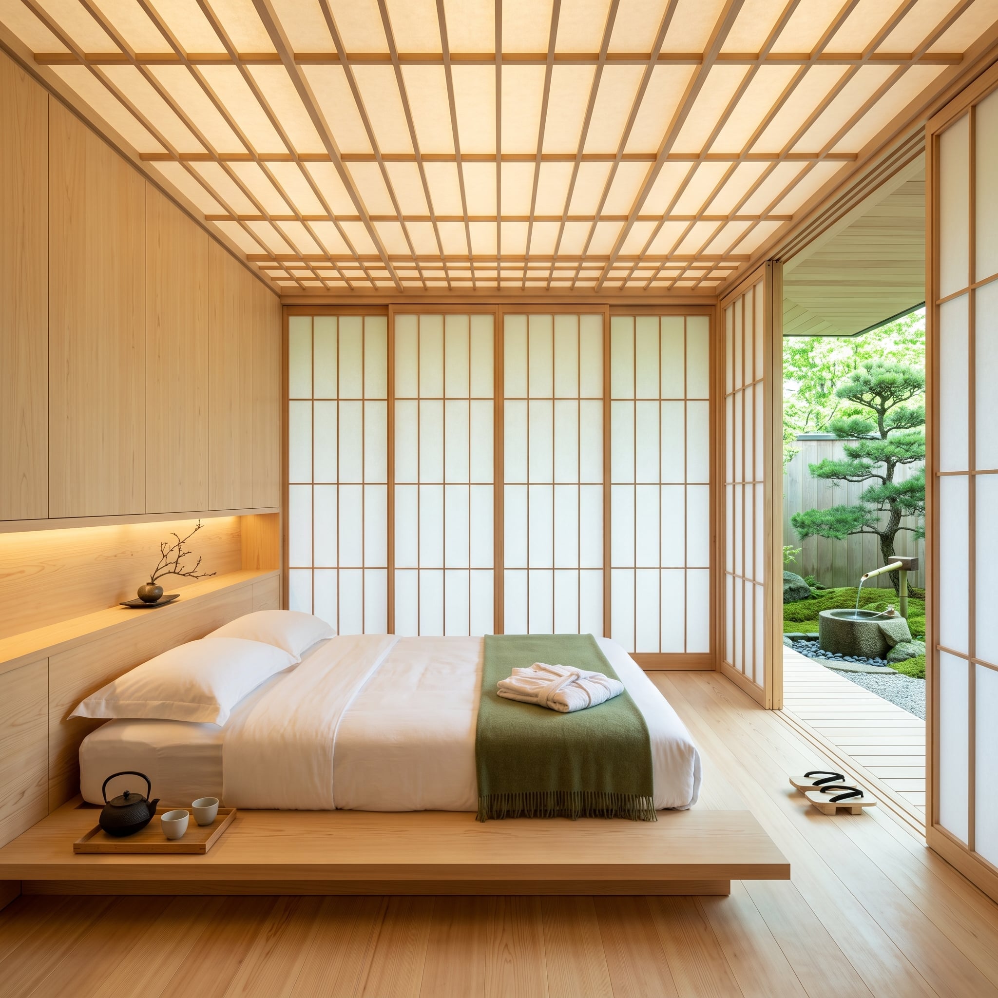 Japanese-influenced bedroom with timber grid ceiling, translucent screens, and garden view