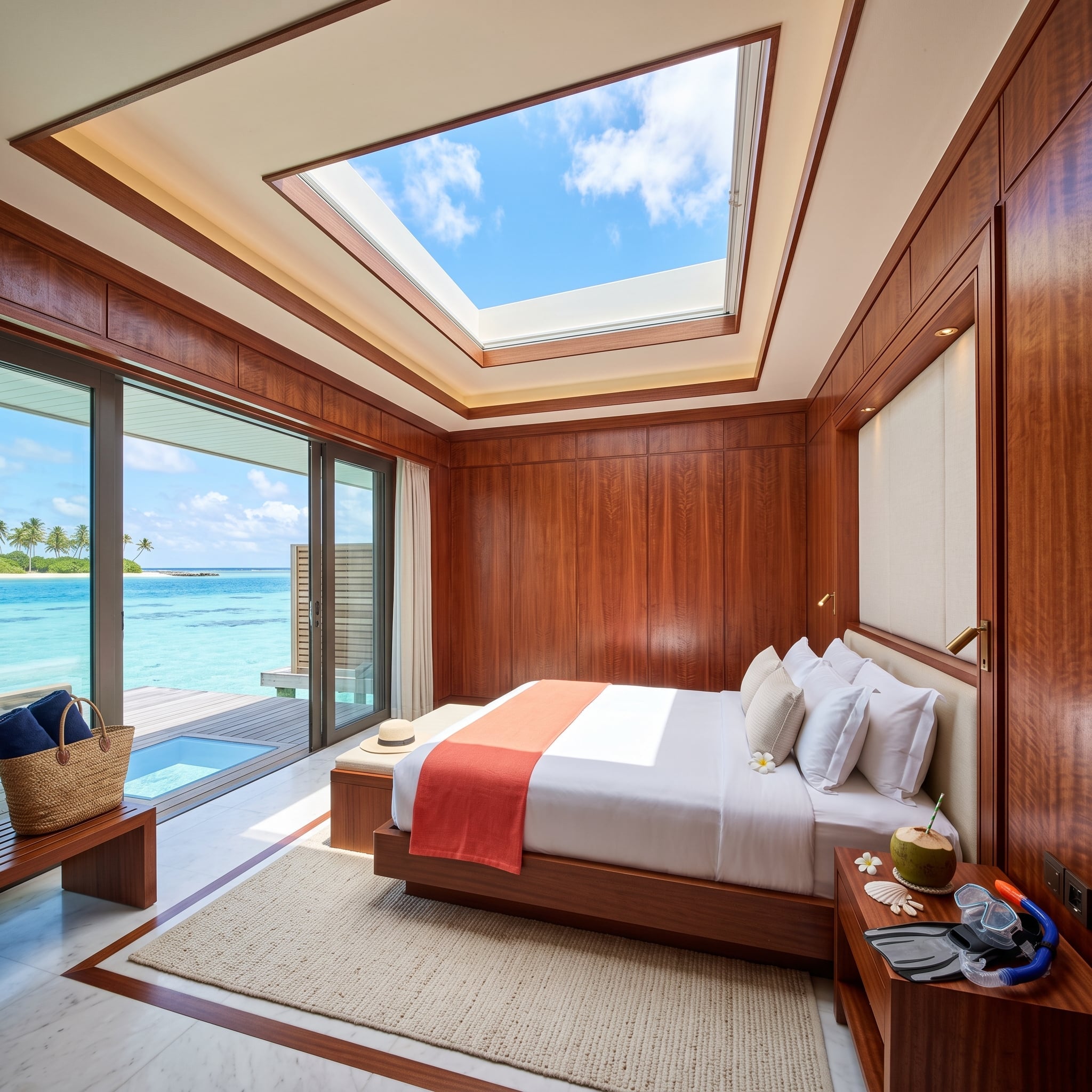 Dark wood-paneled bedroom with skylight above the bed and ocean view