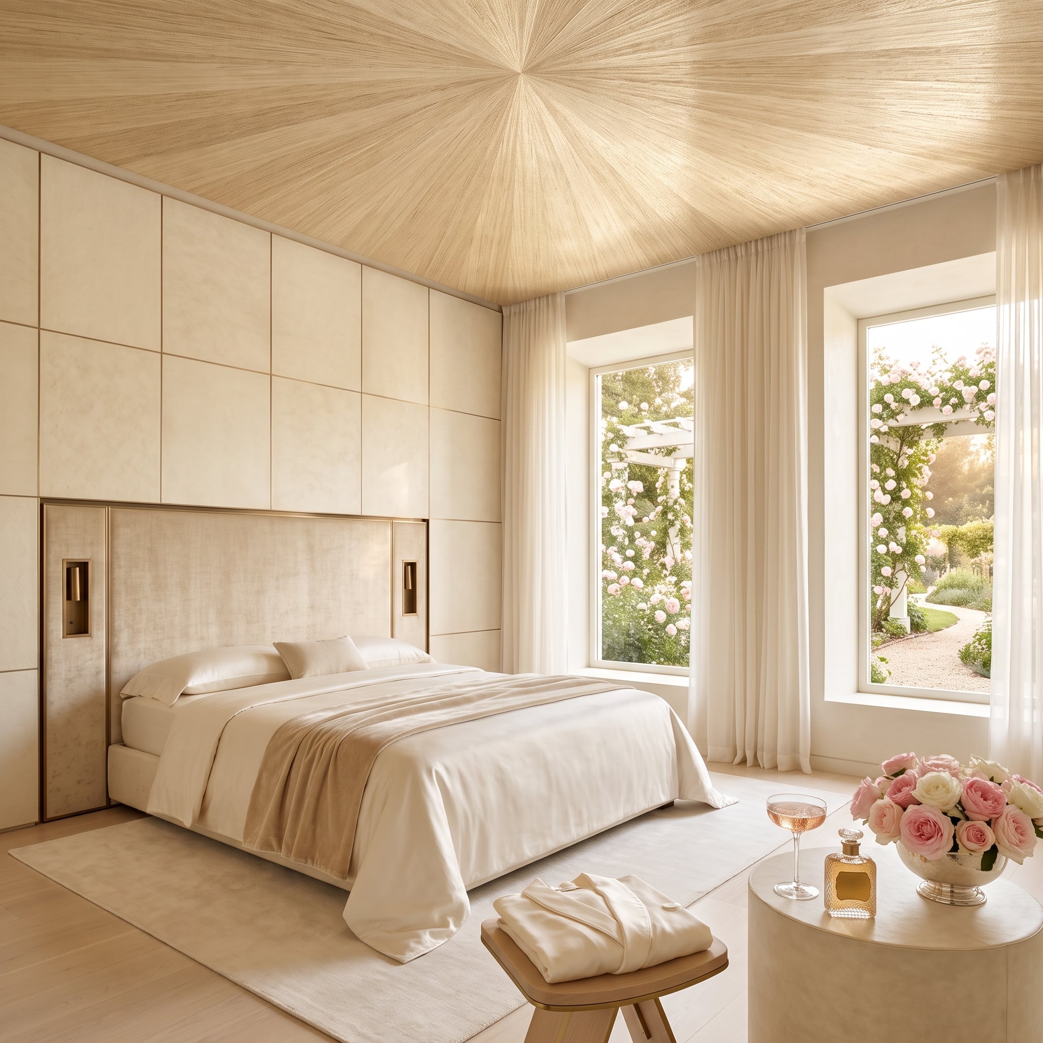 Cream bedroom with woven sunburst ceiling and garden views