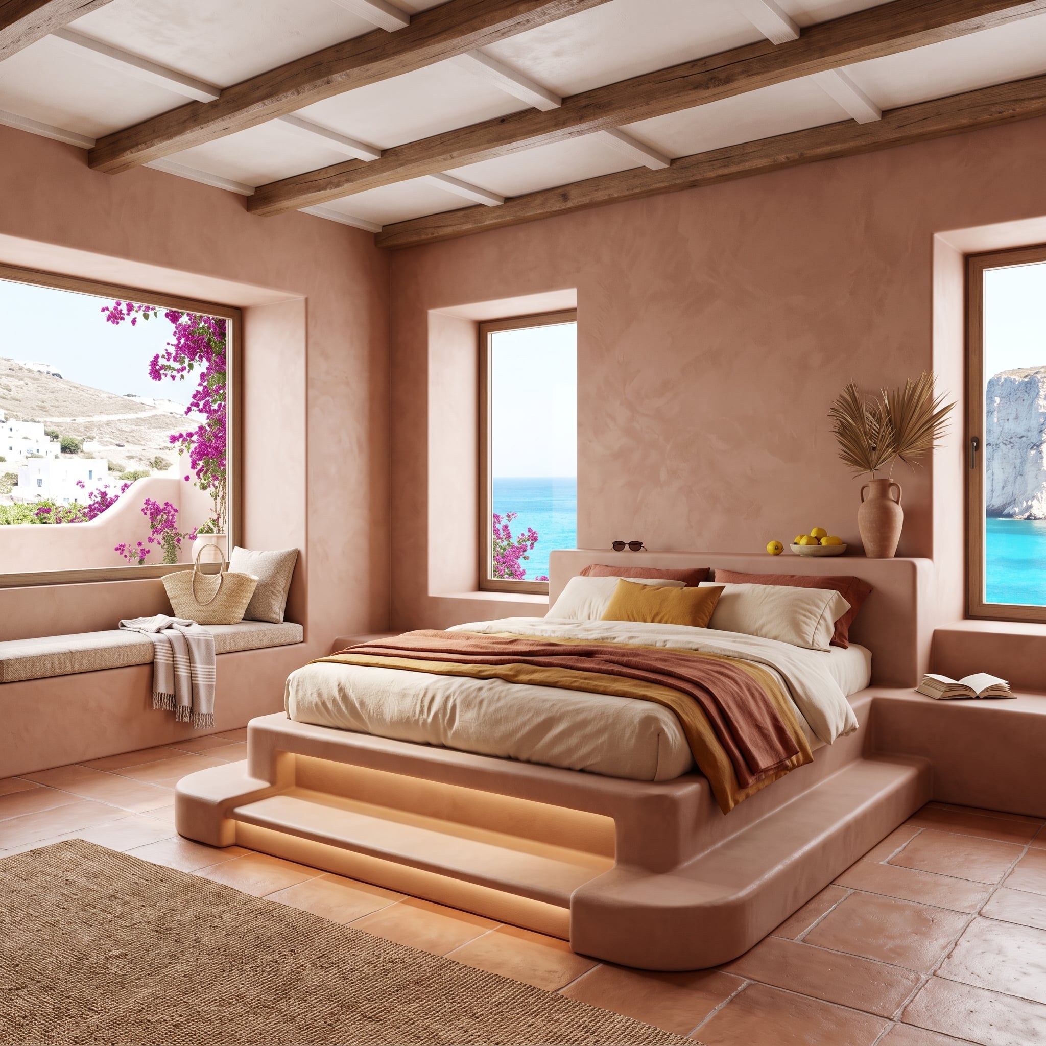 Dusty rose bedroom with raised platform bed, exposed beams, and turquoise water view