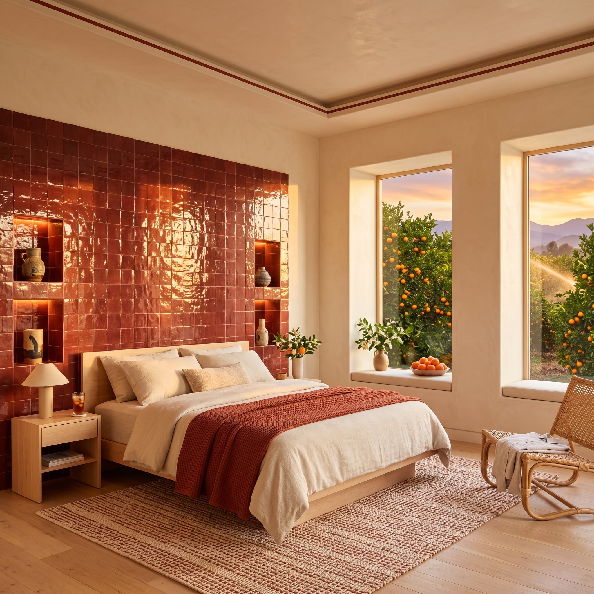 Bedroom with glossy terracotta-toned tiled wall, recessed niches, and warm wood