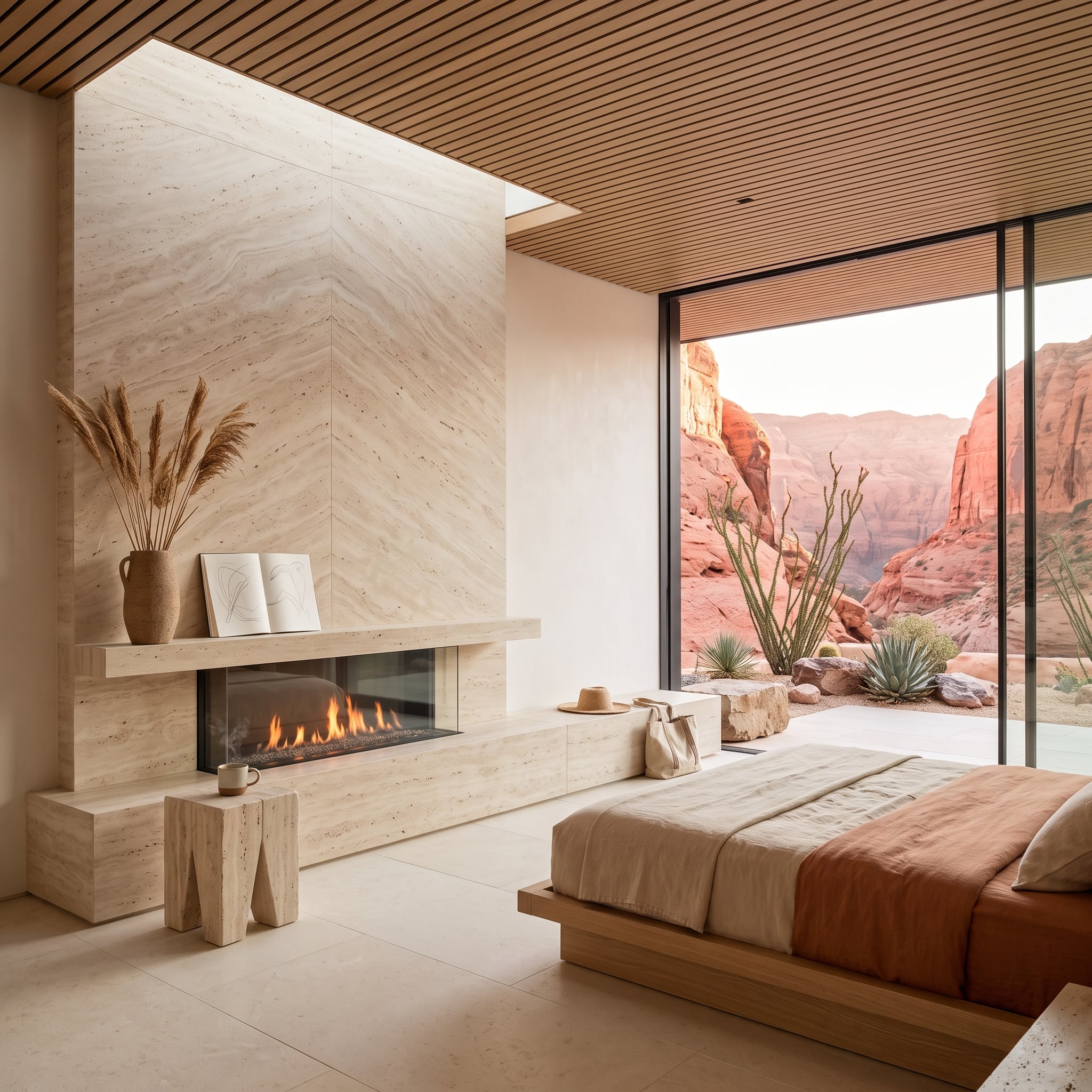 Bedroom with veined stone fireplace wall, slatted timber ceiling, and red canyon landscape