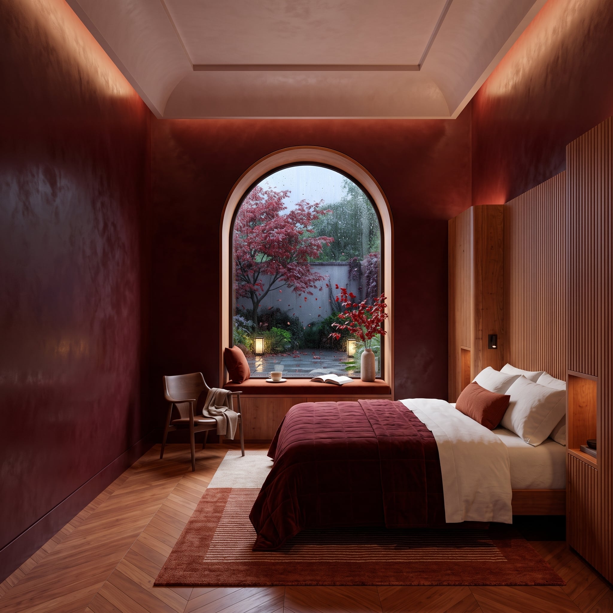 Burgundy plaster bedroom with arched window, slatted wood headboard, and autumn garden