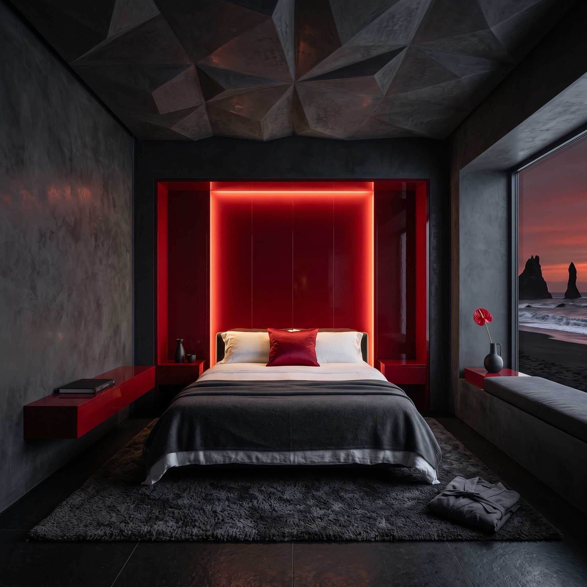 Dark contemporary bedroom with faceted ceiling, red bed recess, and coastal view