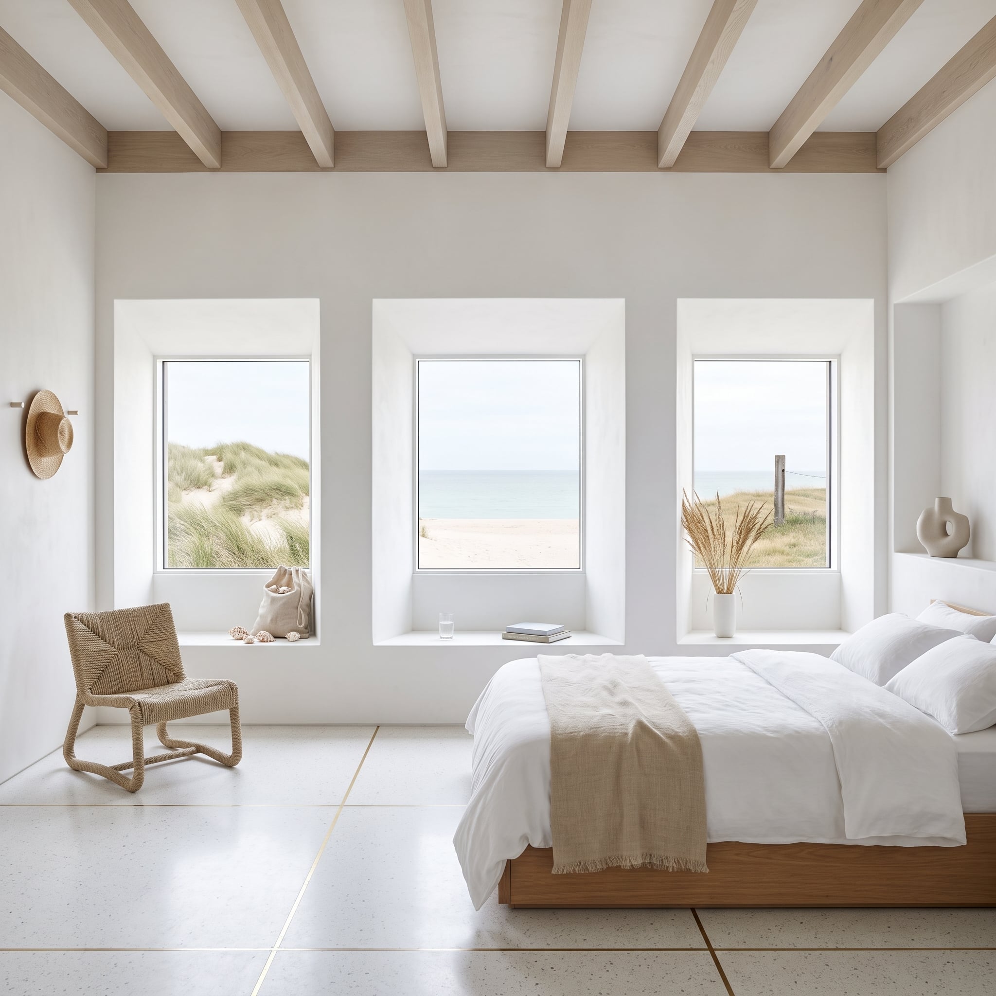 Pale bedroom with exposed rafters, deep-set windows, and dune views