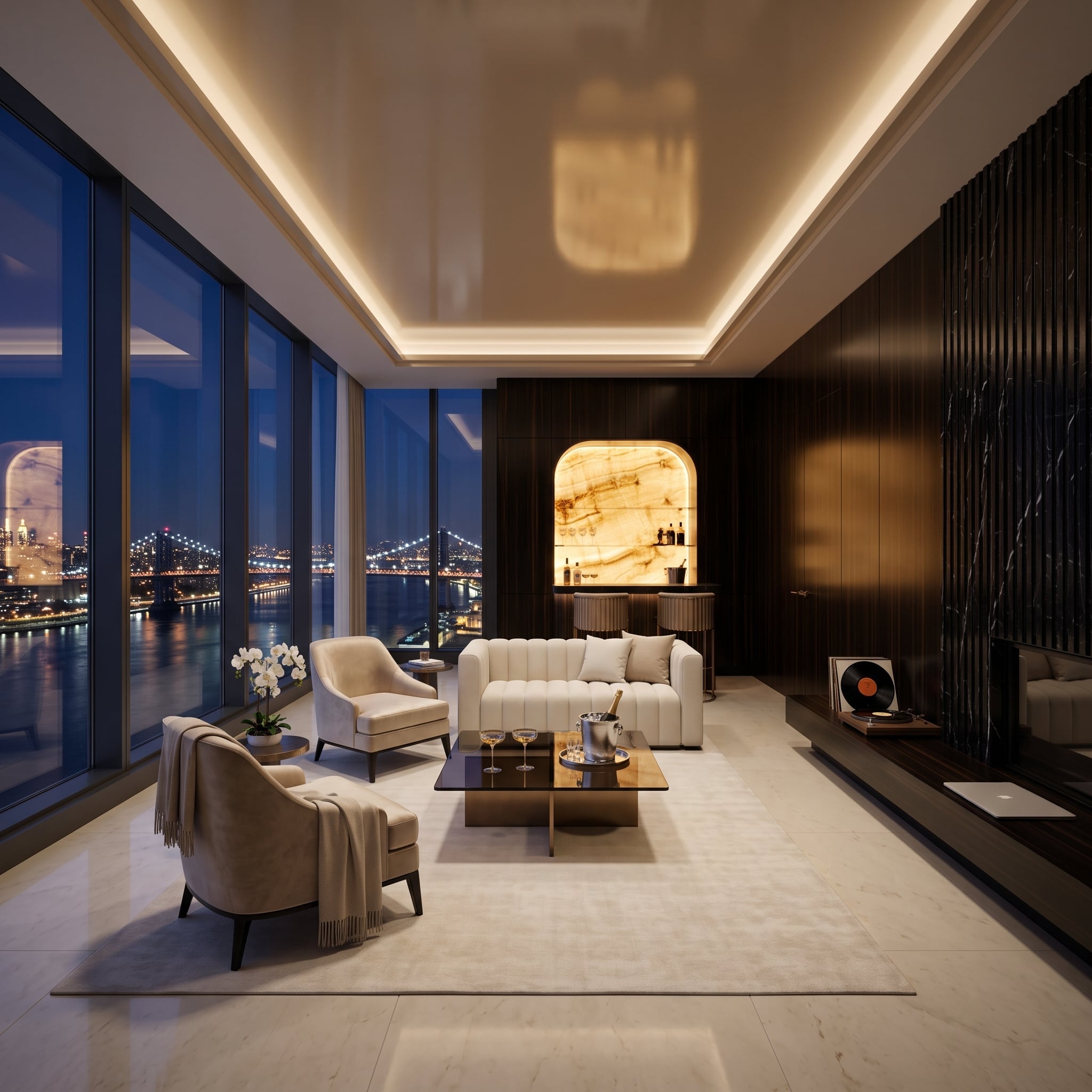 Contemporary living room with backlit honey onyx bar niche, dark walnut paneling, cream sofa, and illuminated city bridge view