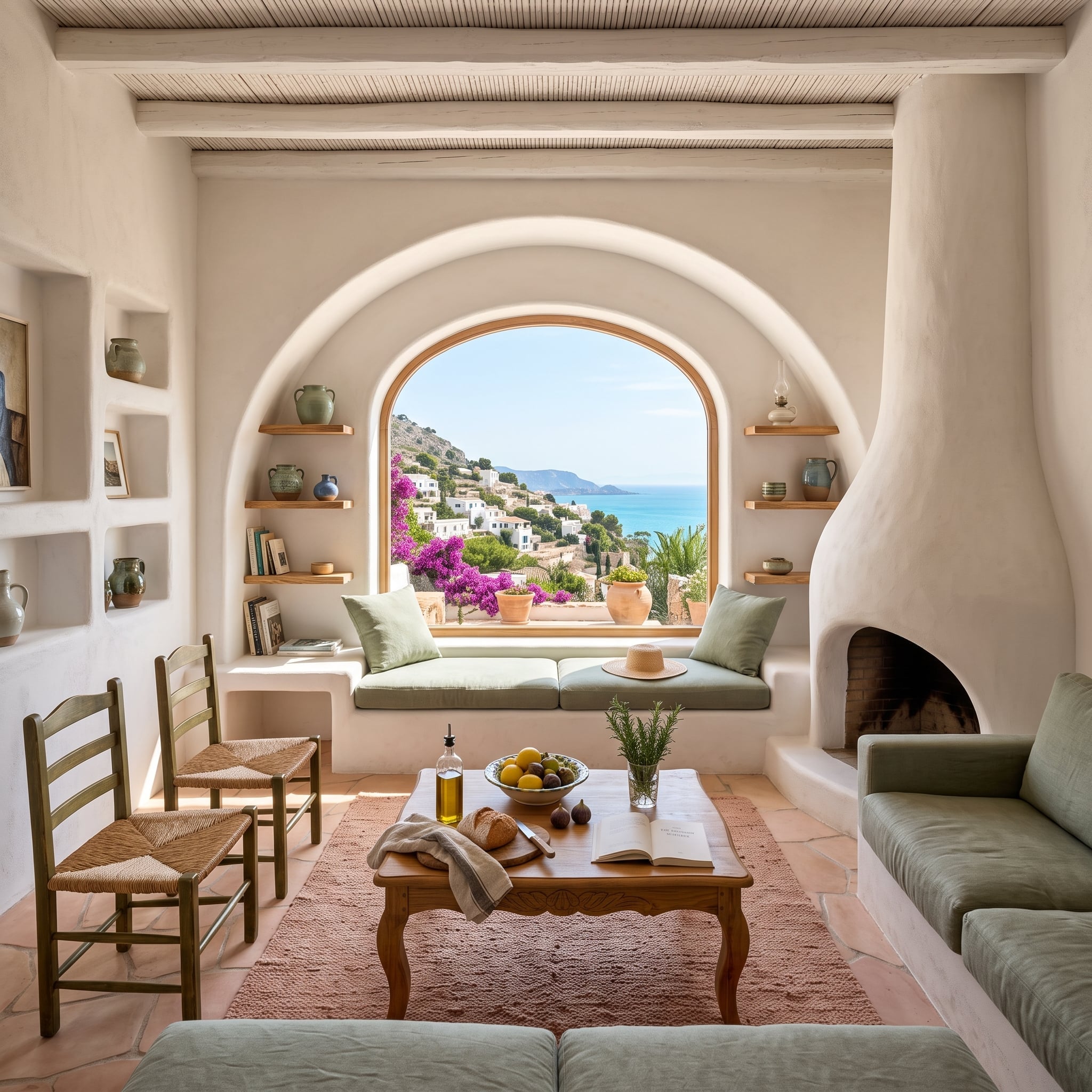 Mediterranean-inspired living room with arched window, plaster fireplace, sage window seat, and flowering bougainvillea outside