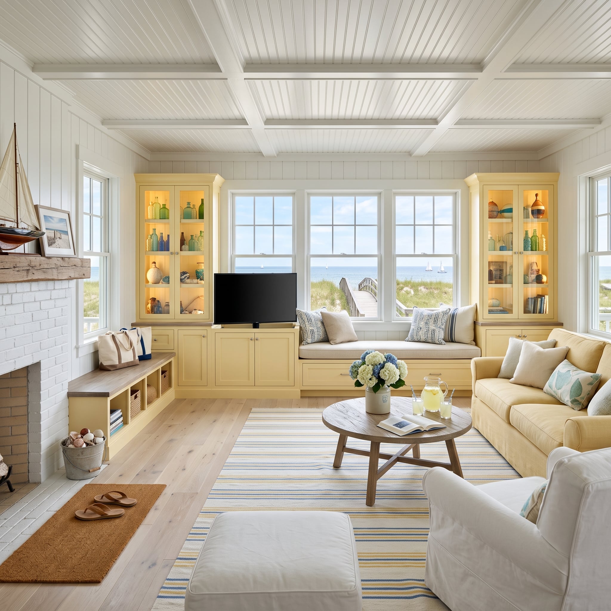 Coastal living room with butter-yellow built-in cabinetry, illuminated glass shelves, and a window seat overlooking the water