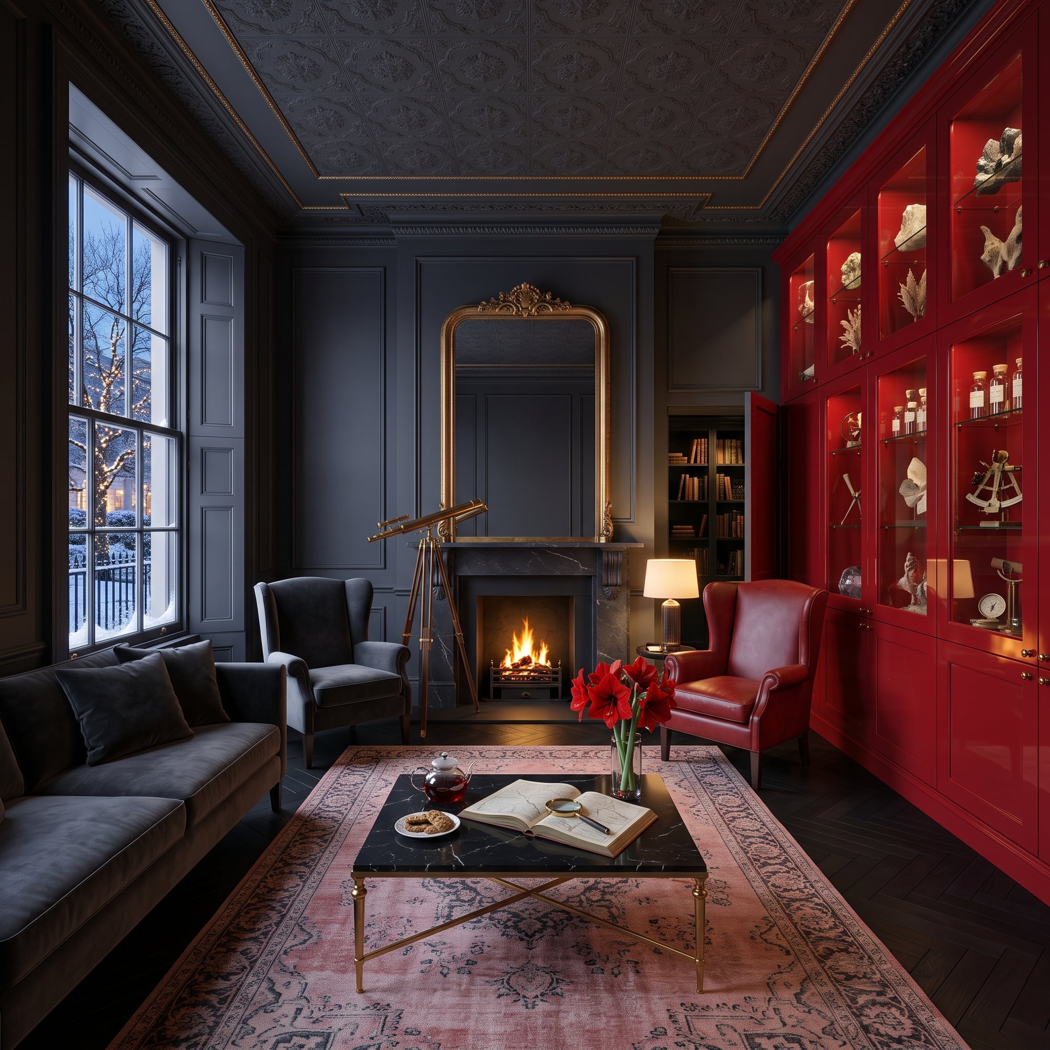 Dark charcoal living room with a red lacquered display cabinet, marble coffee table, Persian rug, and traditional fireplace