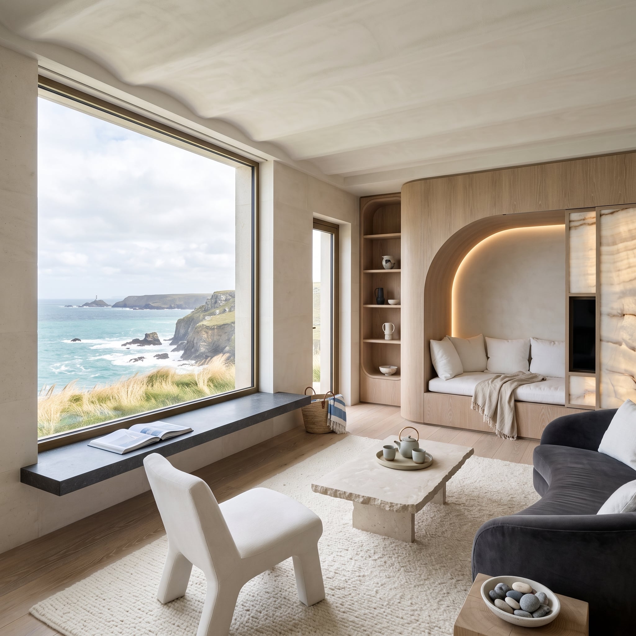 Cliffside contemporary living room with pale oak built-in daybed nook, limewashed ceiling, and dramatic ocean views