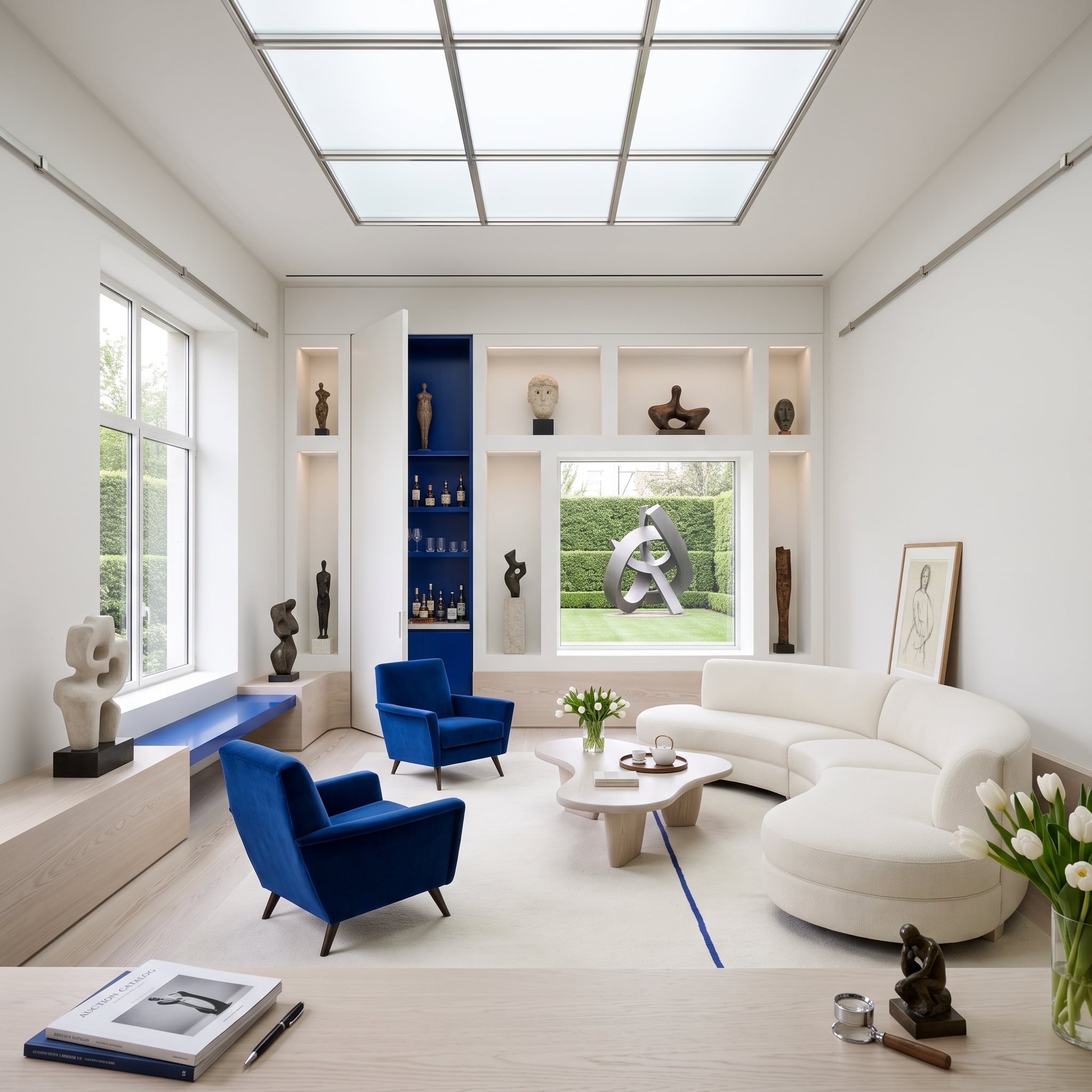 Contemporary oak living room with cobalt bar cabinet, blue velvet armchairs, sculptural display niches, and formal garden view