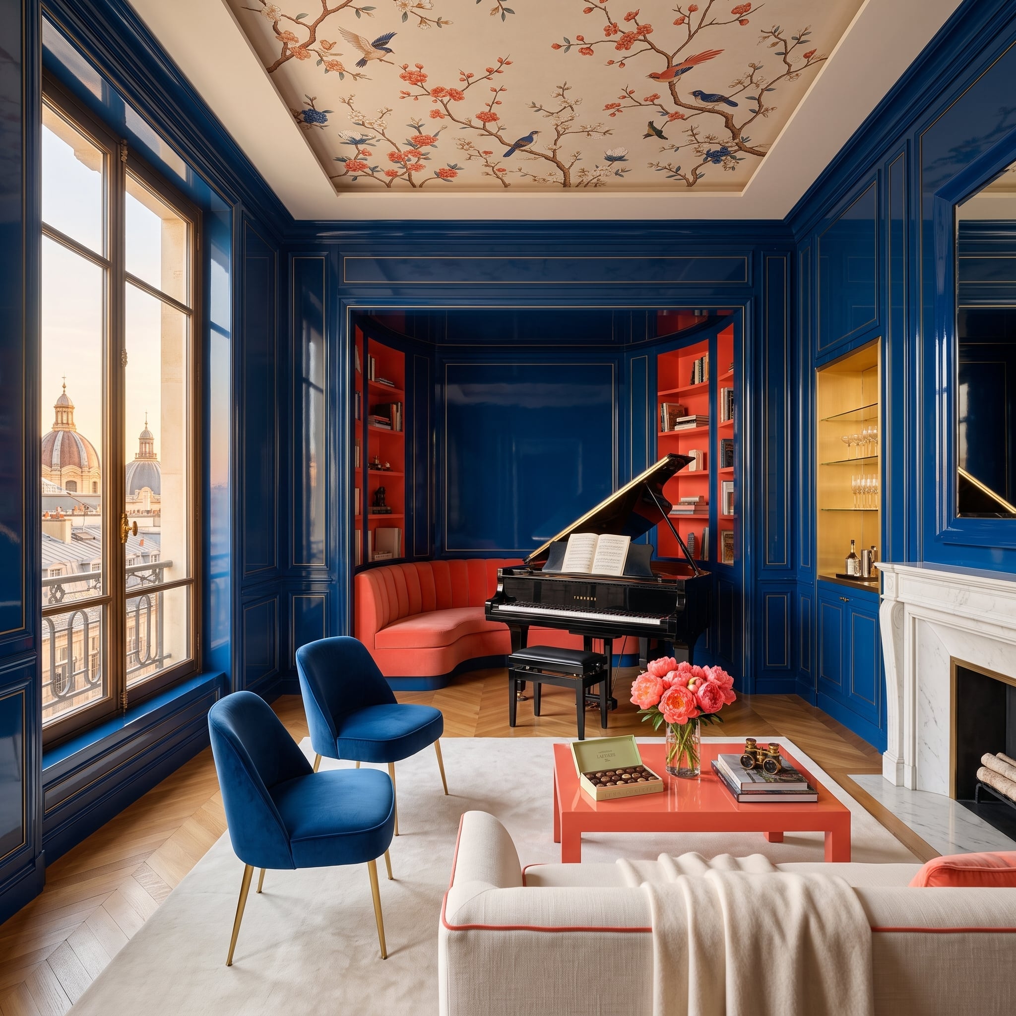 Cobalt blue living room with gold-trimmed lacquered walls, grand piano, coral-red alcove, and chinoiserie ceiling mural