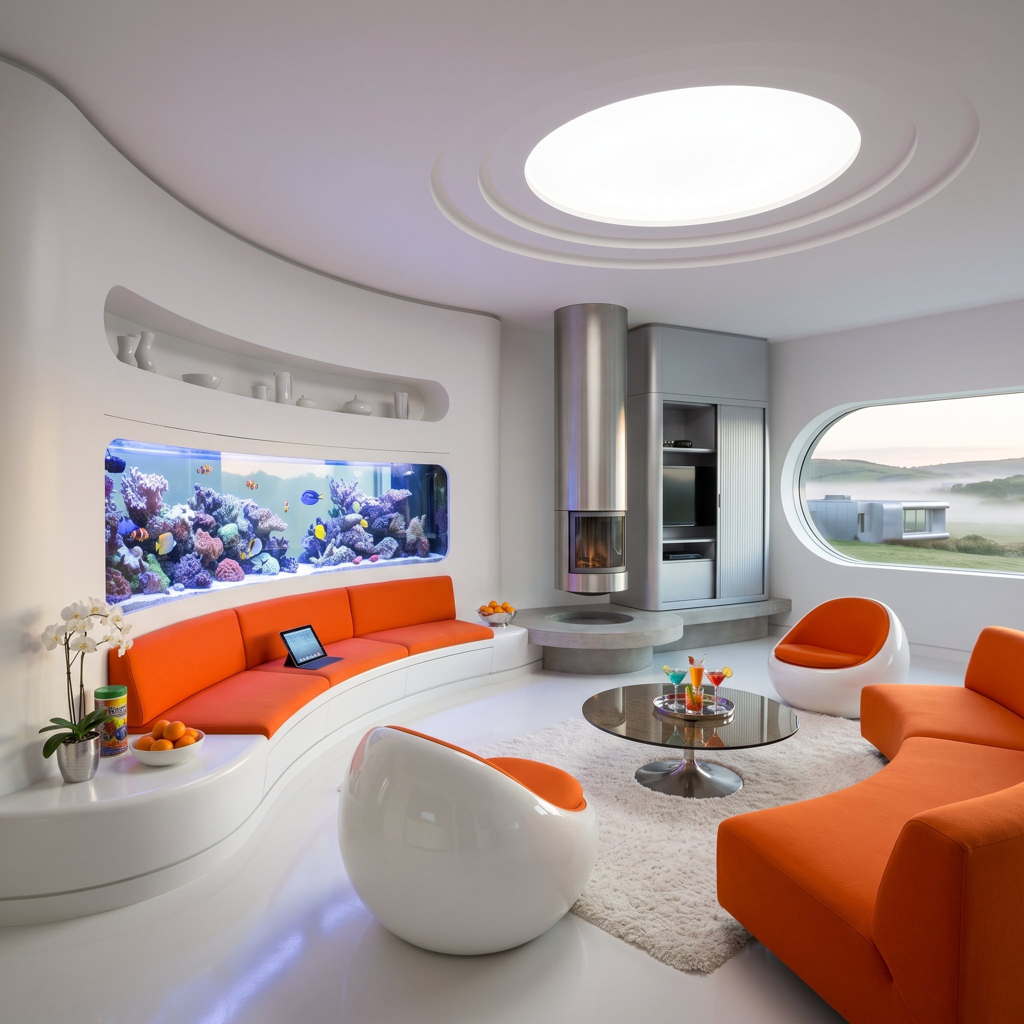 Contemporary living room with a large reef aquarium, curved orange sectional, circular skylight, and sculptural fireplace