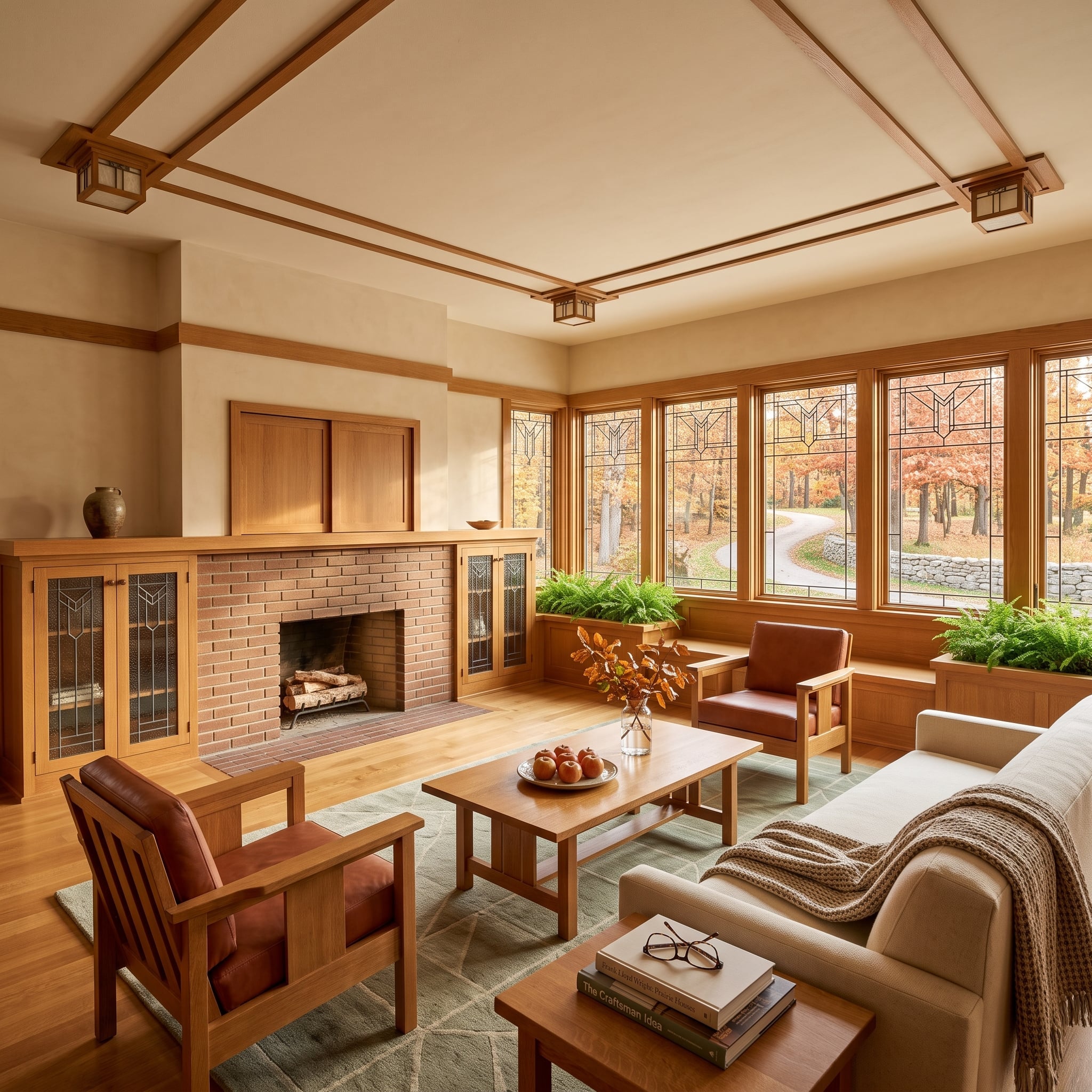 Craftsman living room with quarter-sawn oak ceiling beams, leaded glass windows, leather armchairs, and stone fireplace