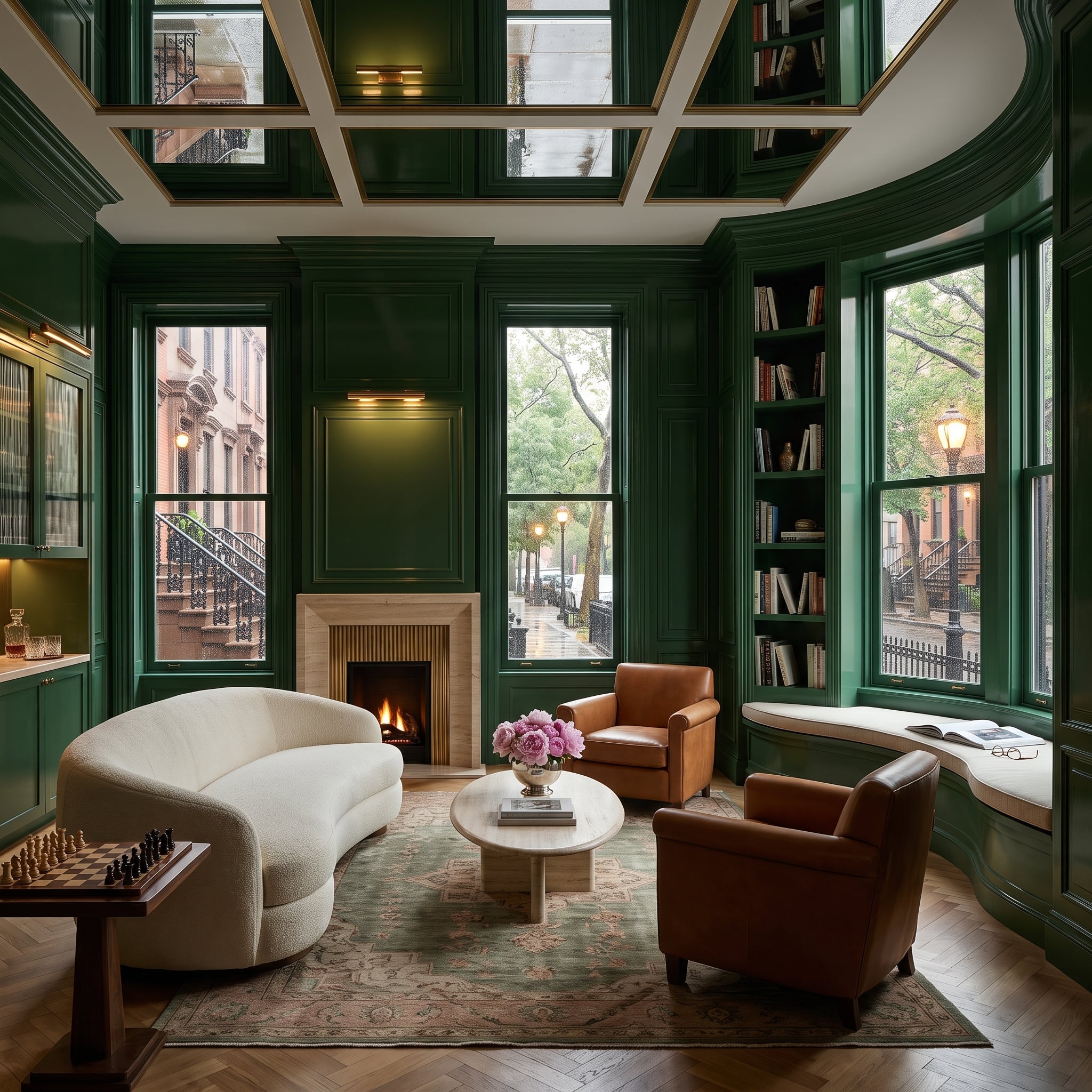 Deep green paneled living room with coffered ceiling, leather chairs, cream sofa, and built-in bay-window reading bench