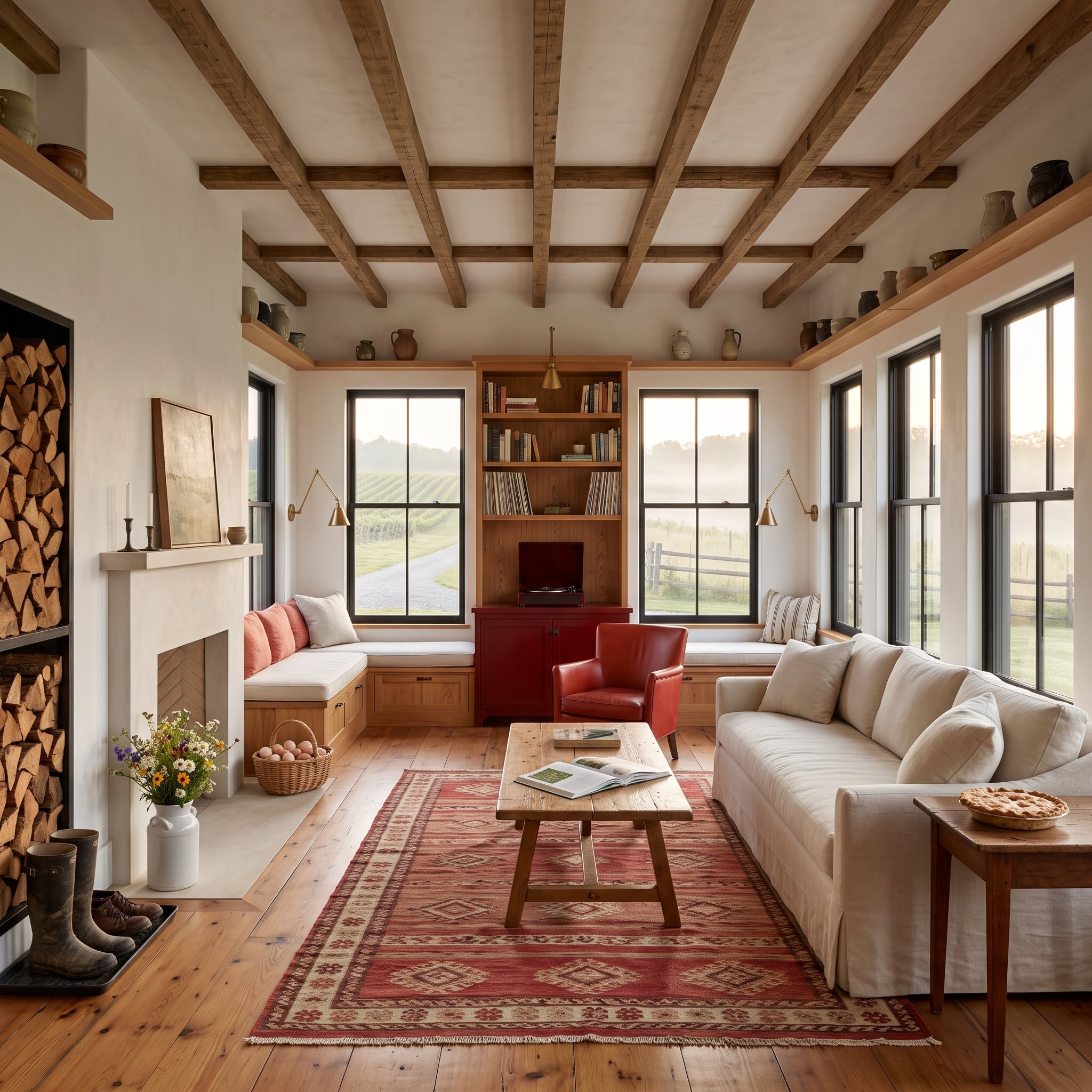 Farmhouse living room with exposed timber ceiling beams, red media cabinet, built-in window seating, and pastoral views