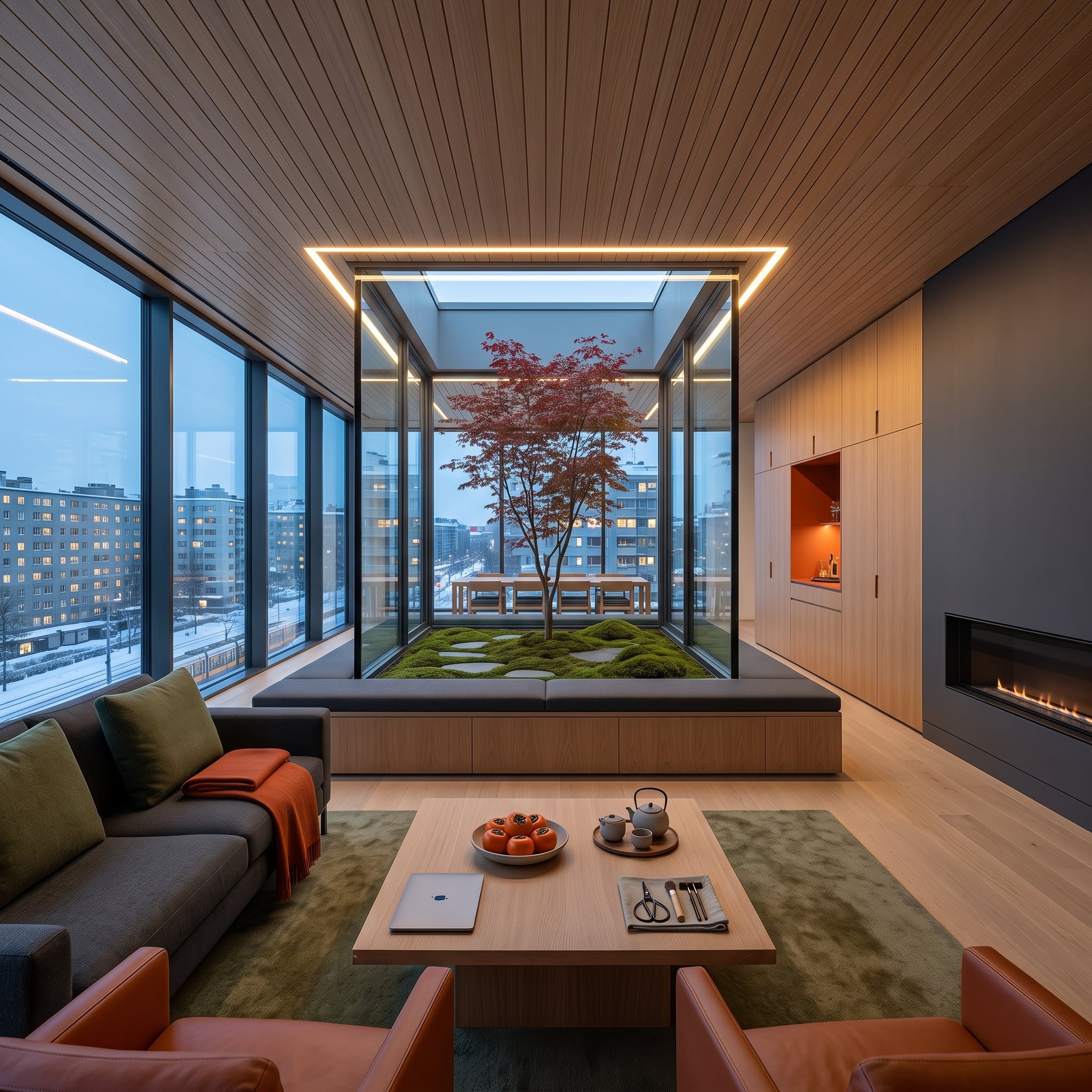 Contemporary living room with a glass-enclosed Japanese maple, moss garden, pale oak finishes, and rust leather seating