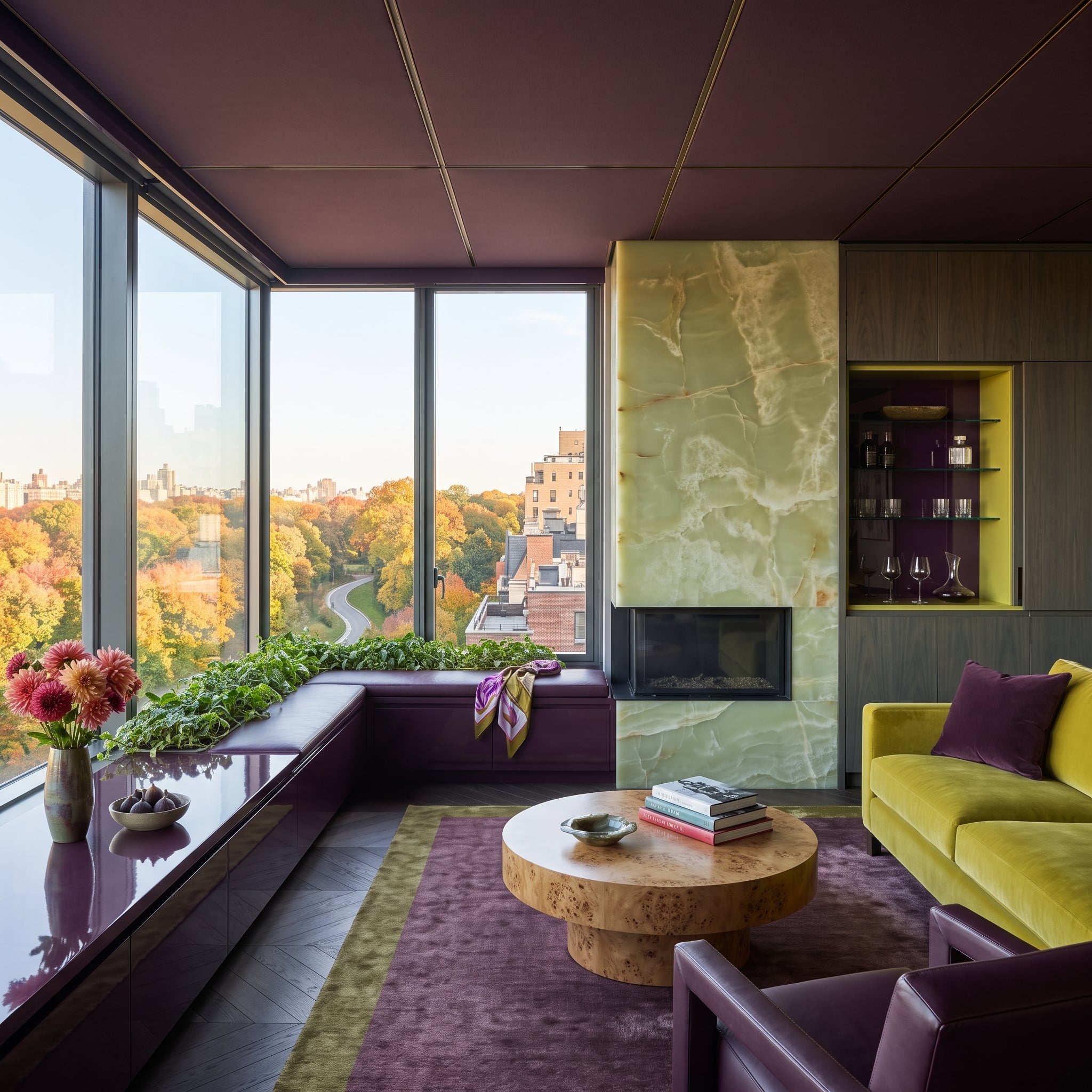 Colorful city living room with green onyx fireplace, chartreuse sofa, aubergine leather chair, and autumn park views