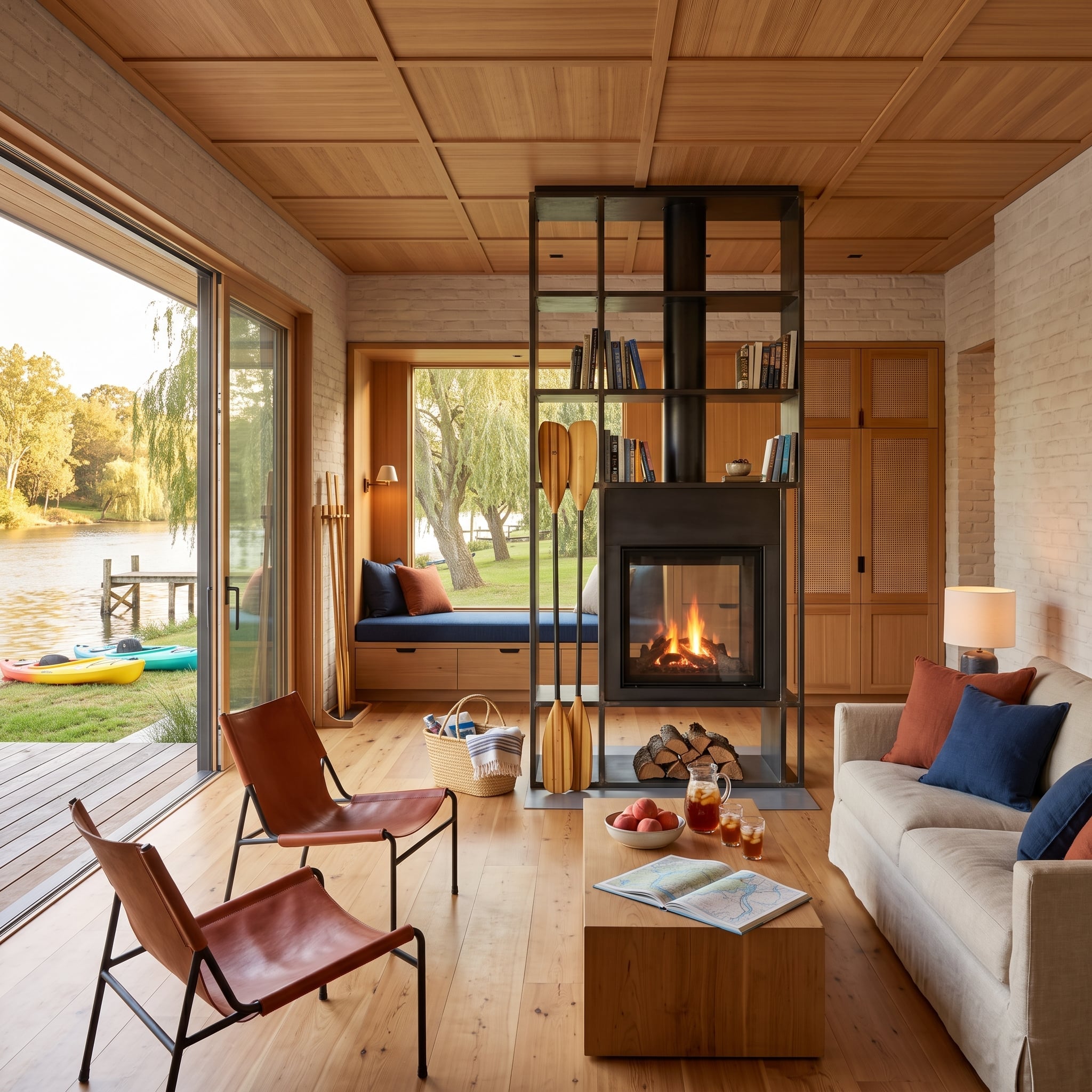 Contemporary lake house living room with freestanding steel fireplace and bookcase, cedar ceiling, leather chairs, and lake views