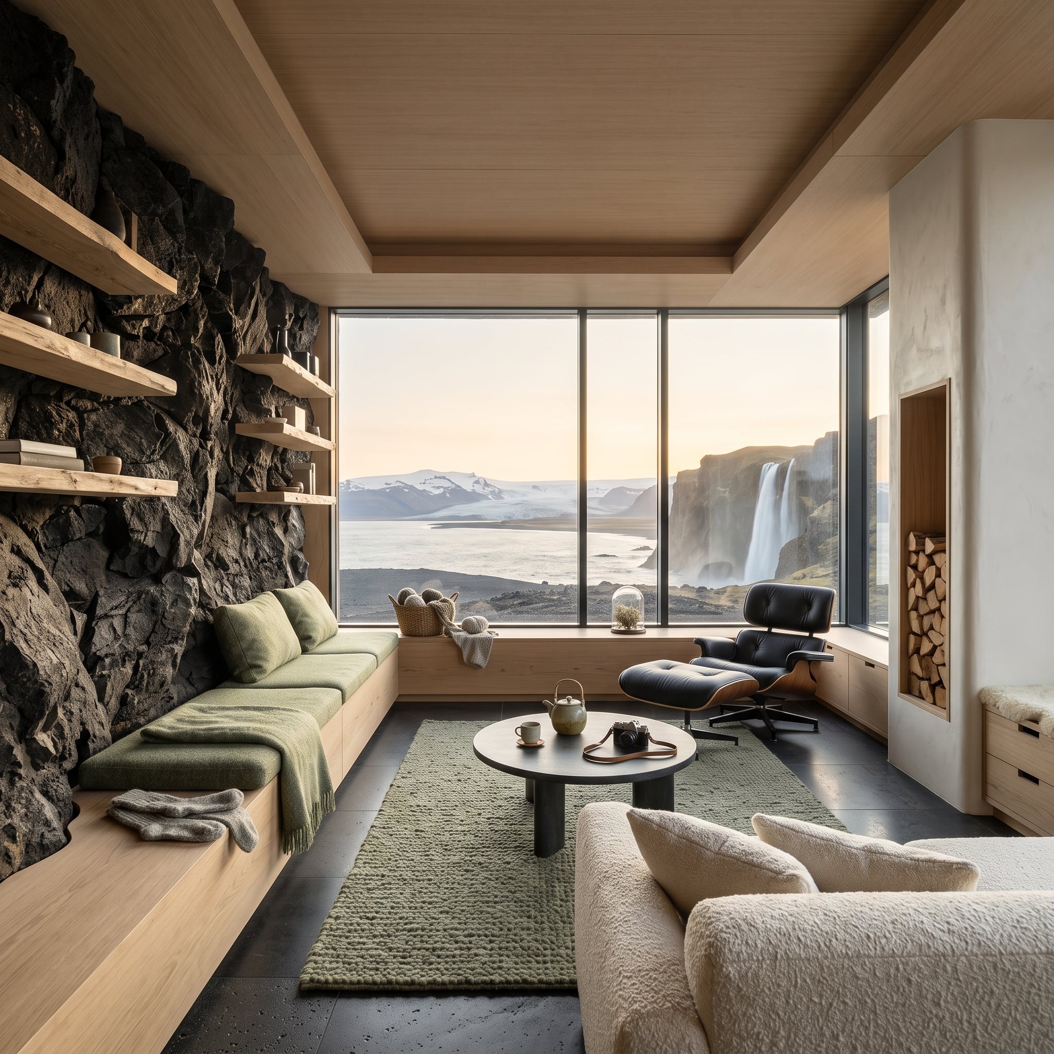 Modern living room with raw basalt wall, pale wood shelving, black leather lounge chair, and glacier and waterfall views
