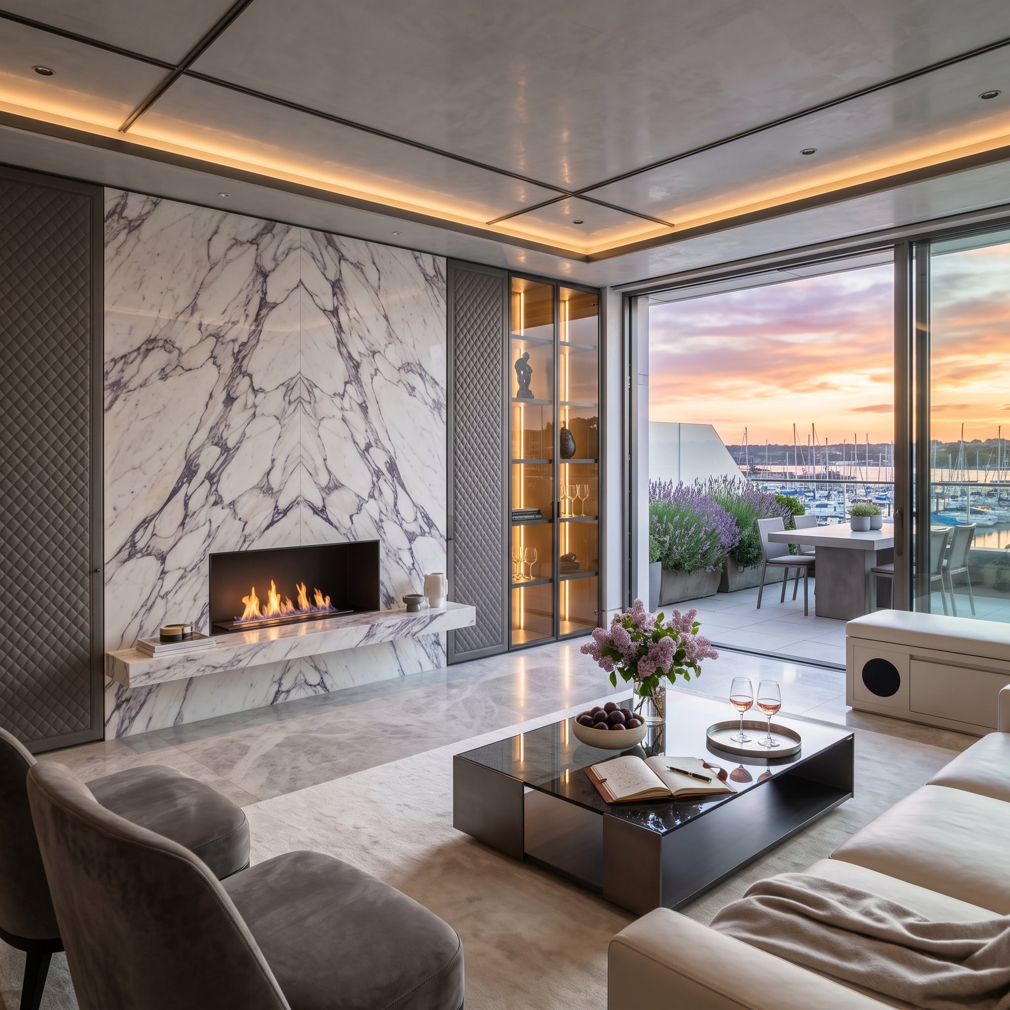 Contemporary waterfront living room with bookmatched marble fireplace, gray upholstered wall panels, and marina views