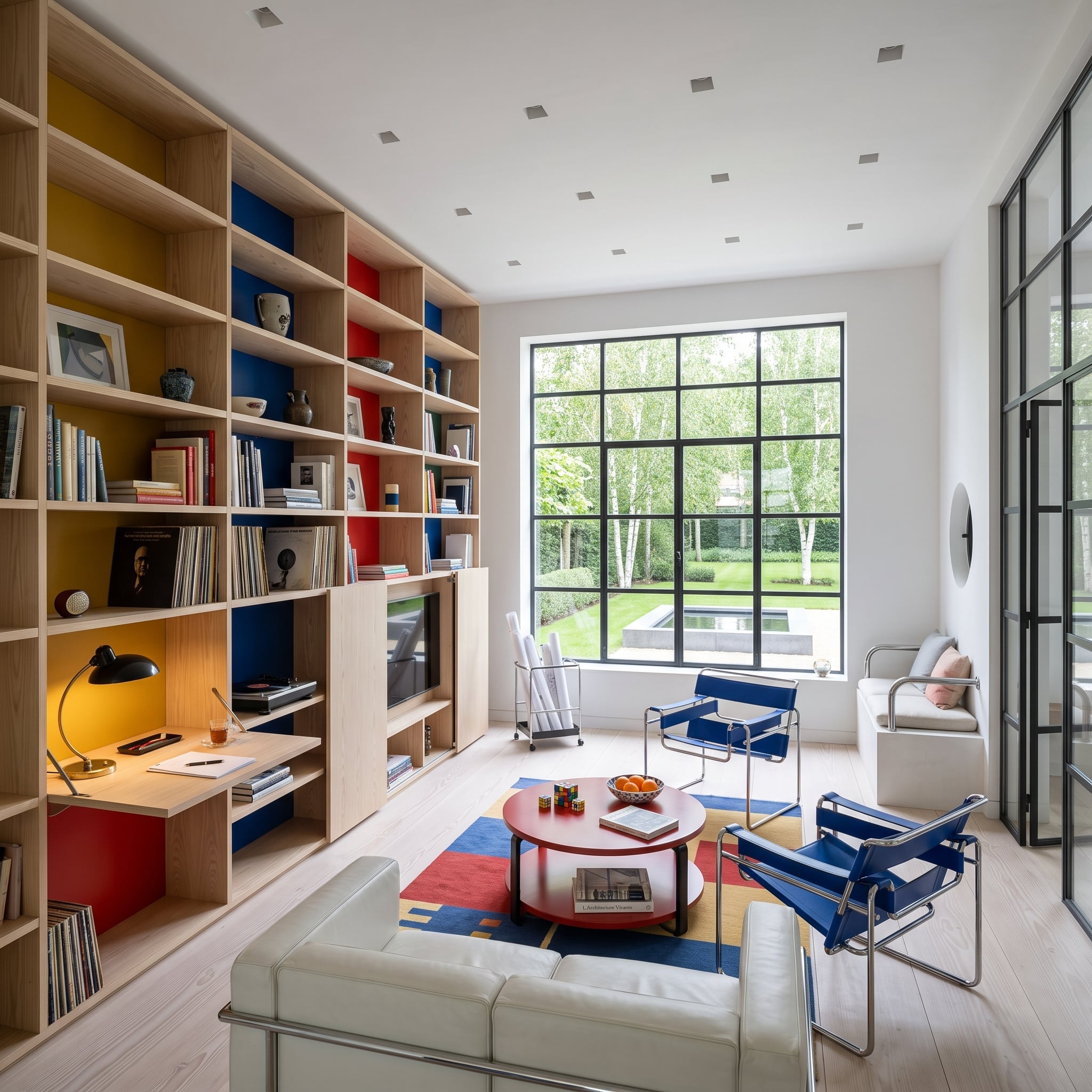 Modern living room with red, yellow, and blue shelving panels, tubular steel chairs, and birch trees outside
