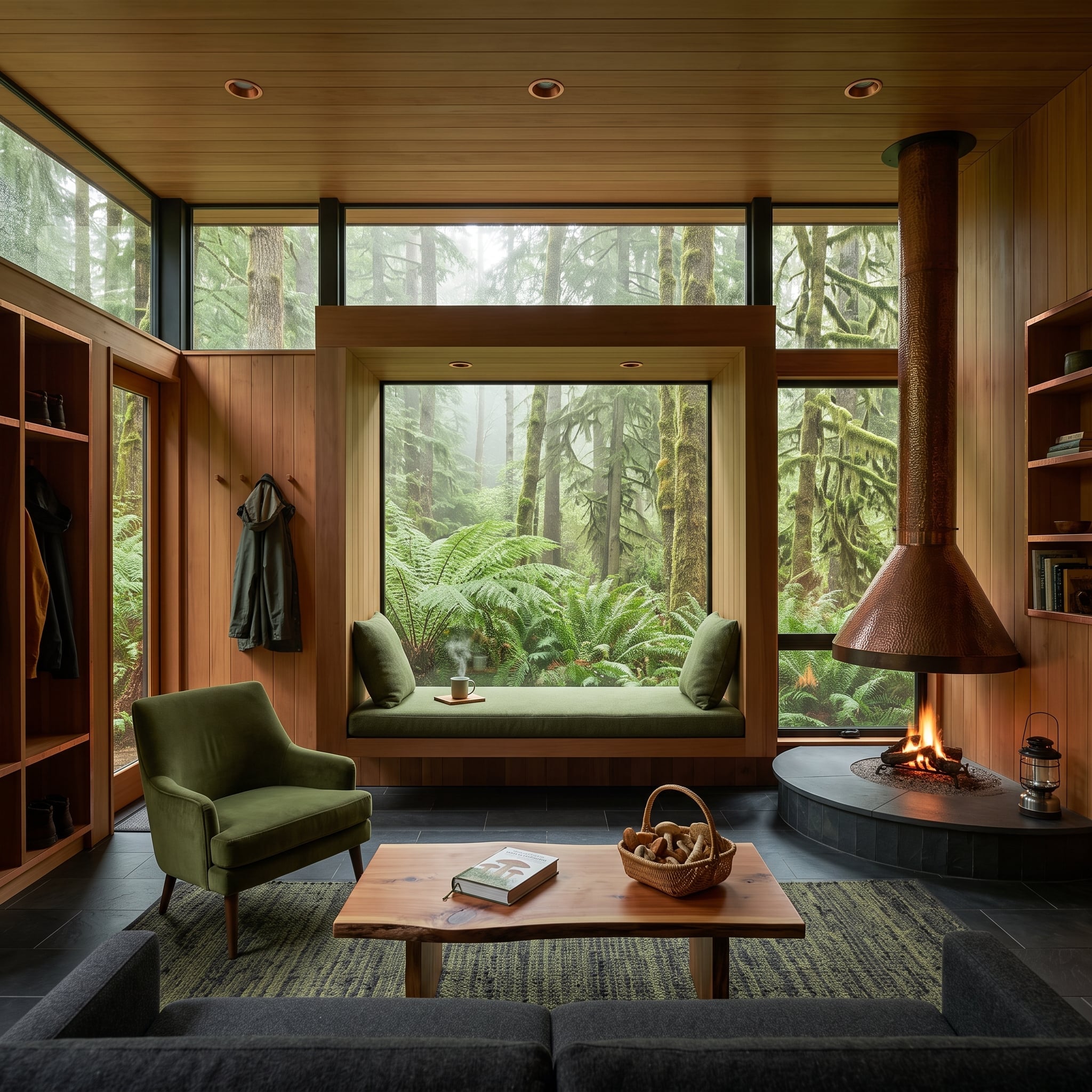 Cedar-paneled living room with suspended copper cone fireplace, green velvet seating, and misty forest views