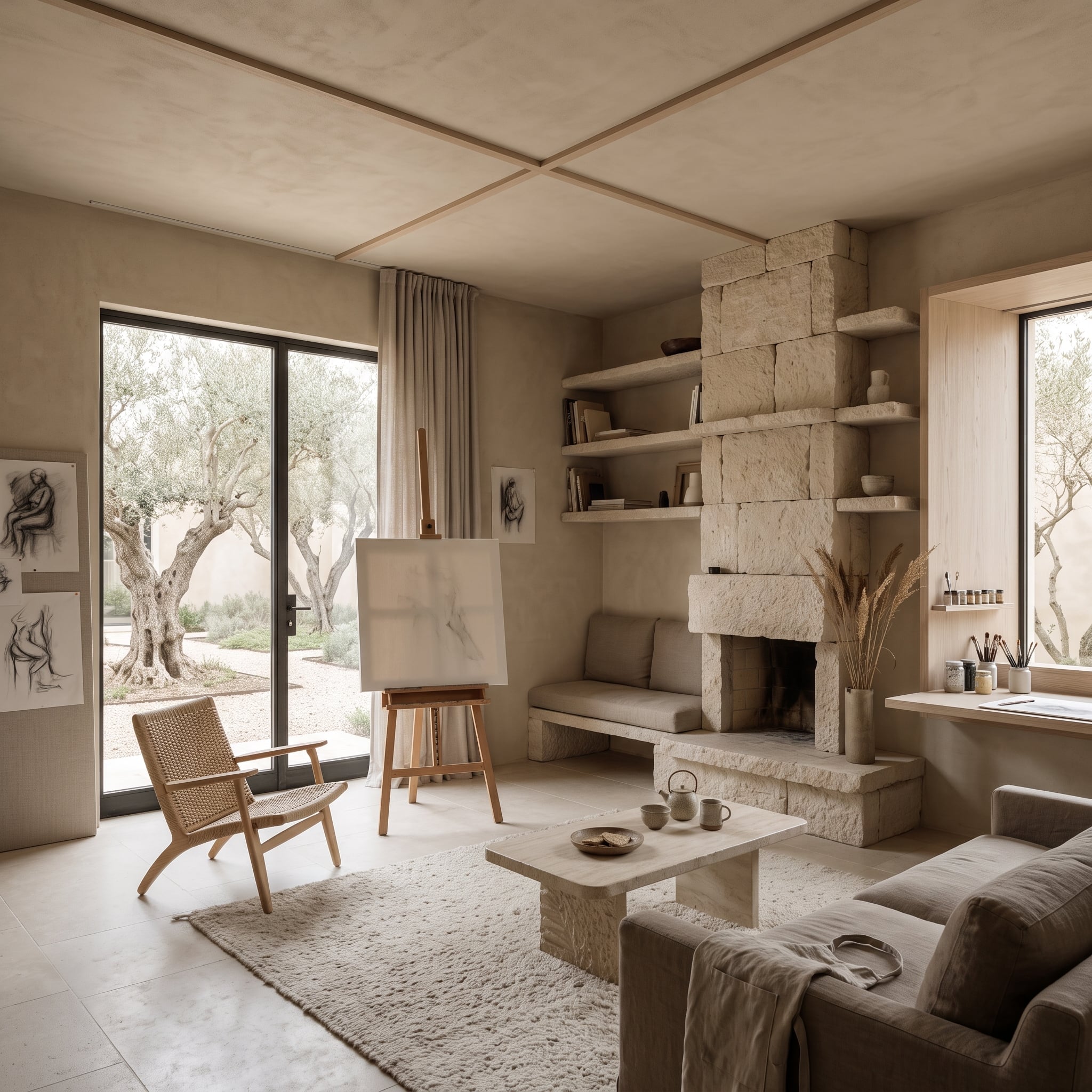 Artist-inspired living room with rough limestone fireplace, easel, figure sketches, rattan chair, and olive trees outside