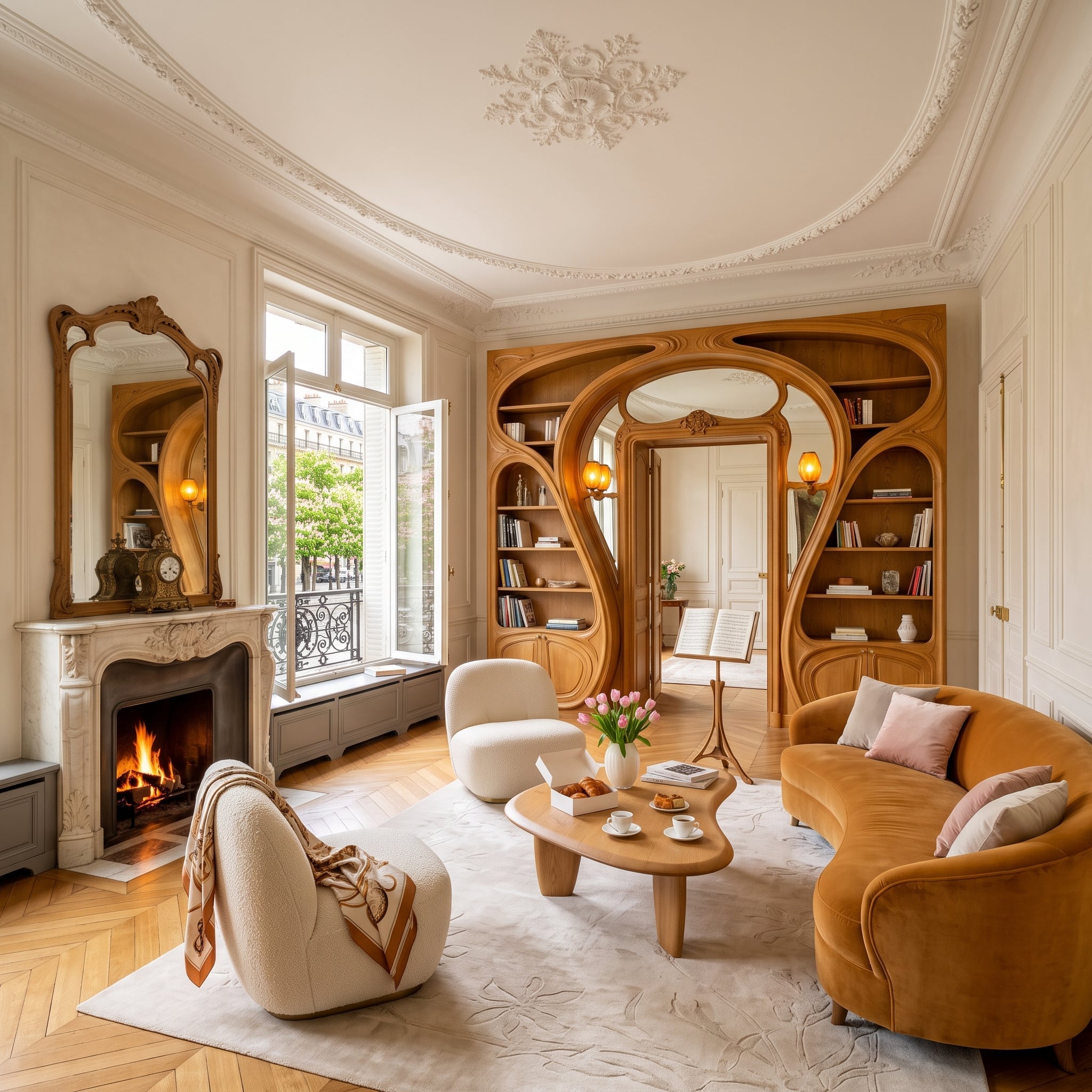 Elegant living room with curving Art Nouveau wood bookcases, marble fireplace, amber velvet sofa, and herringbone floors