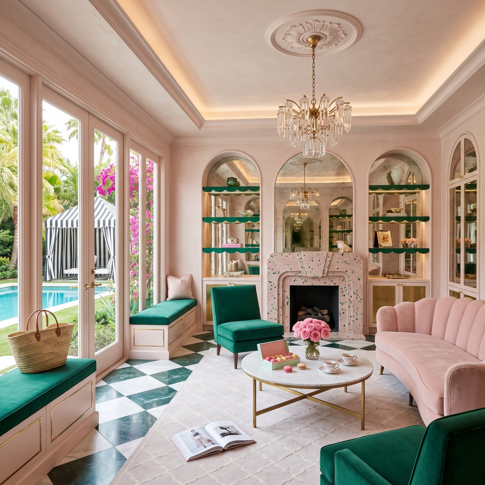 Pink plaster living room with emerald velvet seating, green-flecked terrazzo fireplace, checkerboard floor, and arched niches