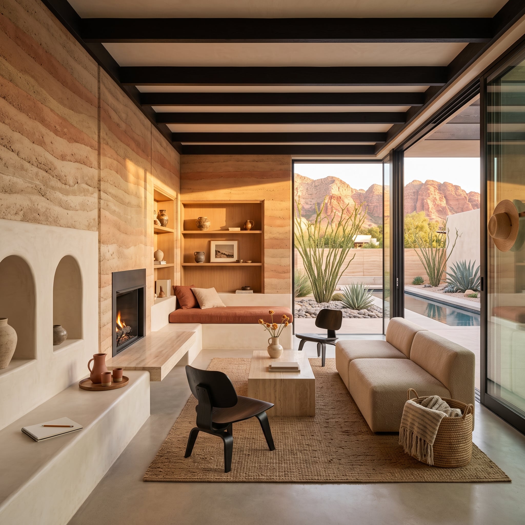 Contemporary desert living room with layered rammed earth walls, cream sofa, wood lounge chairs, and red rock views
