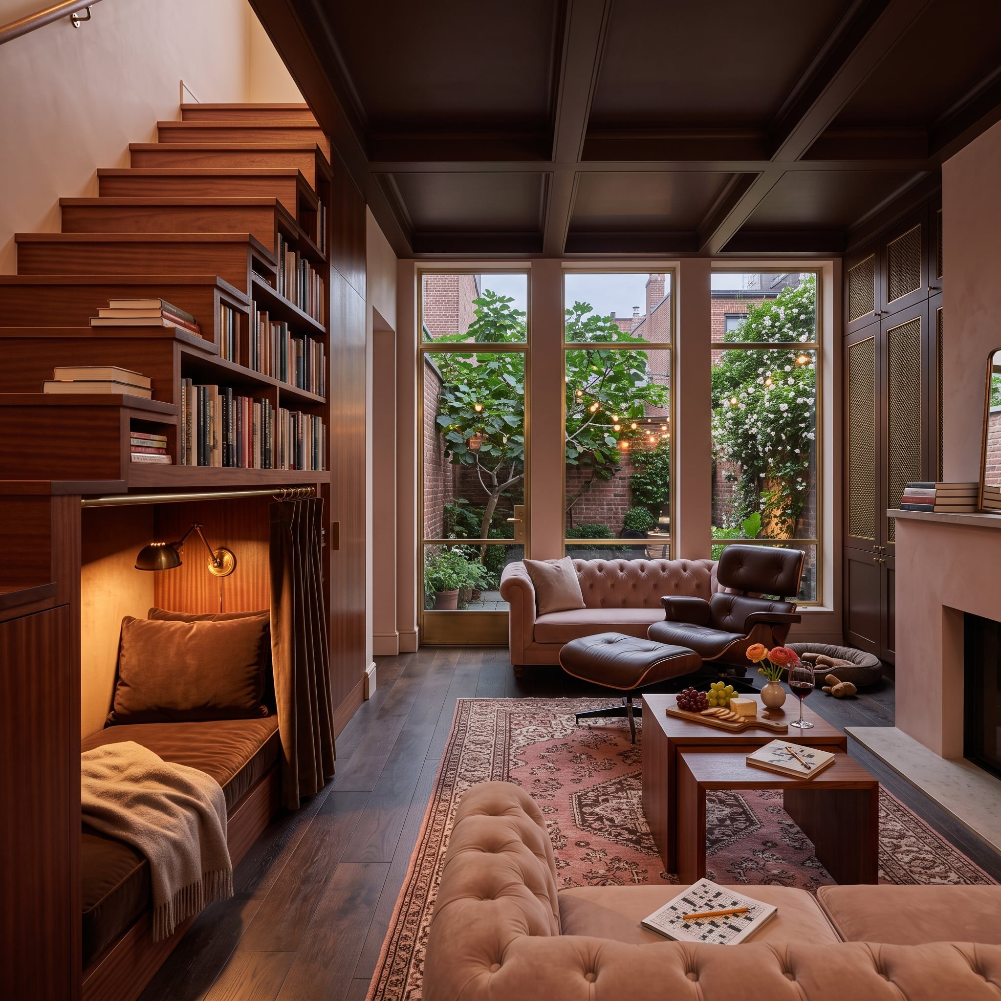 Dark wood-paneled living room with reading nook beneath staircase, brass lamp, and garden views
