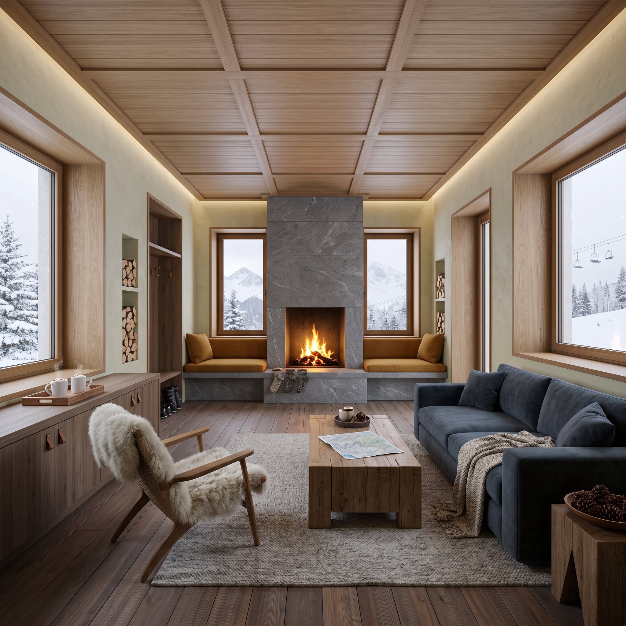 Mountain lodge living room with slate fireplace, built-in firewood niches, window seating, and alpine views