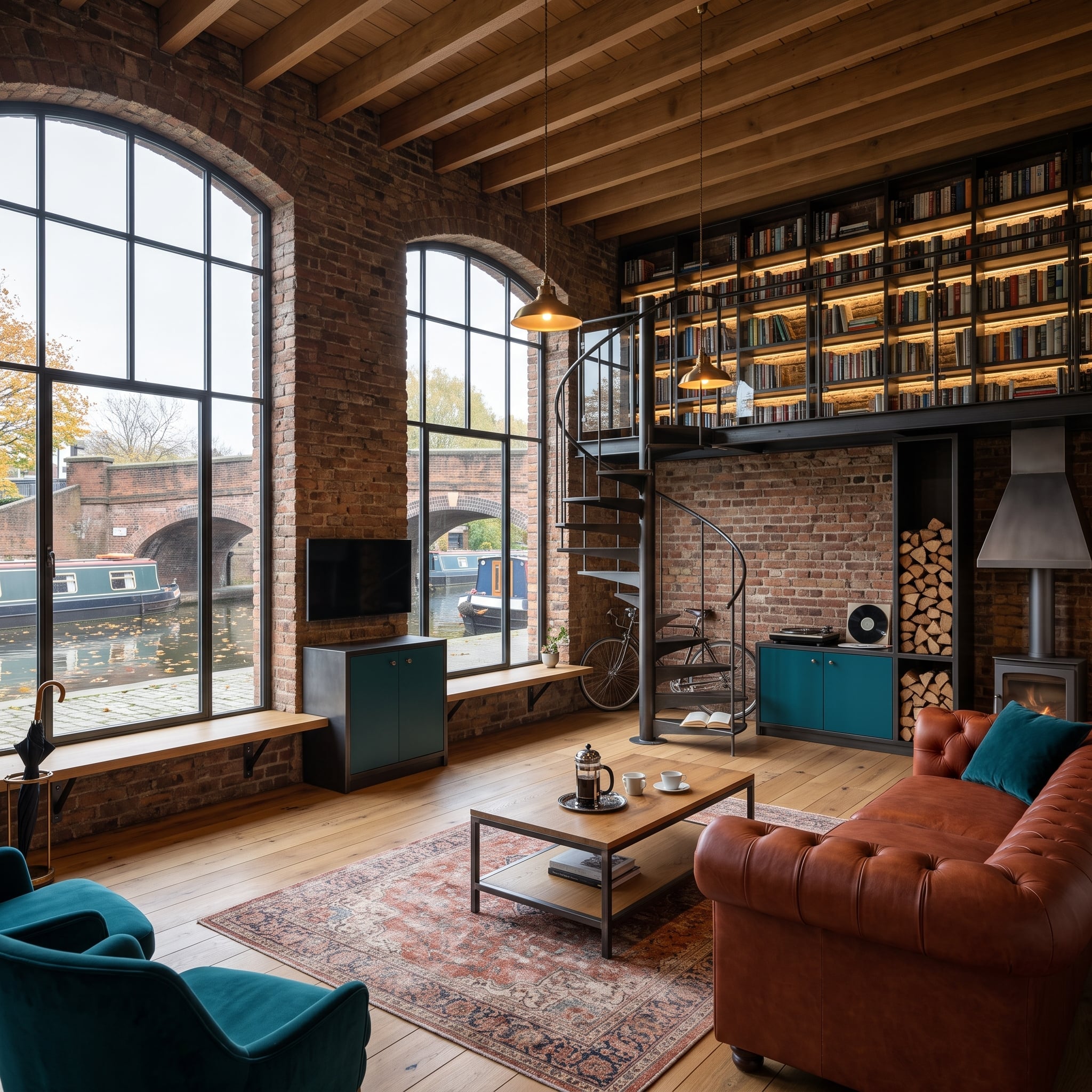 Loft living room with brick walls, mezzanine library, wrought iron spiral staircase, and arched canal-facing windows