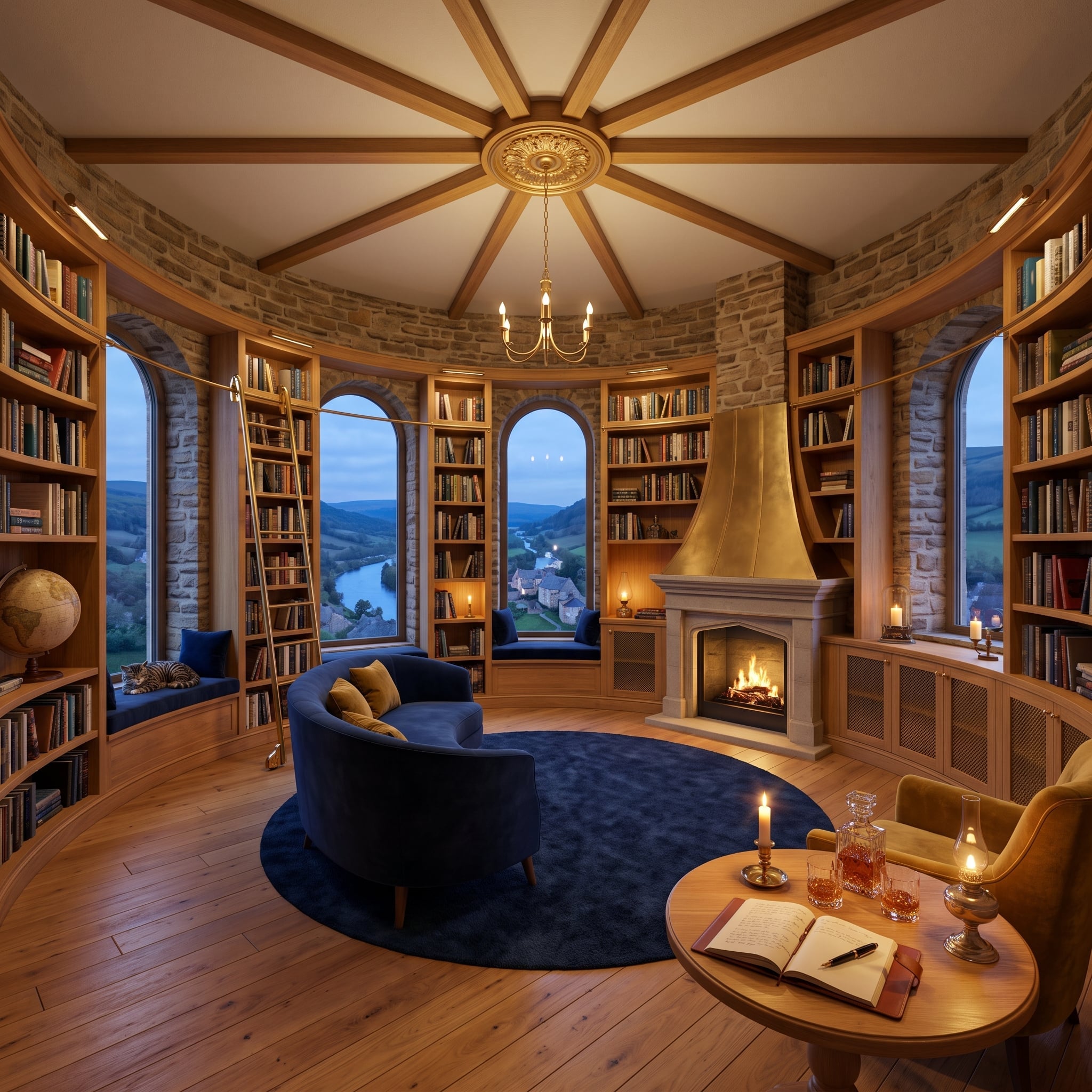 Octagonal stone library with oak bookshelves, brass fireplace hood, navy velvet seating, and a cat on a window bench