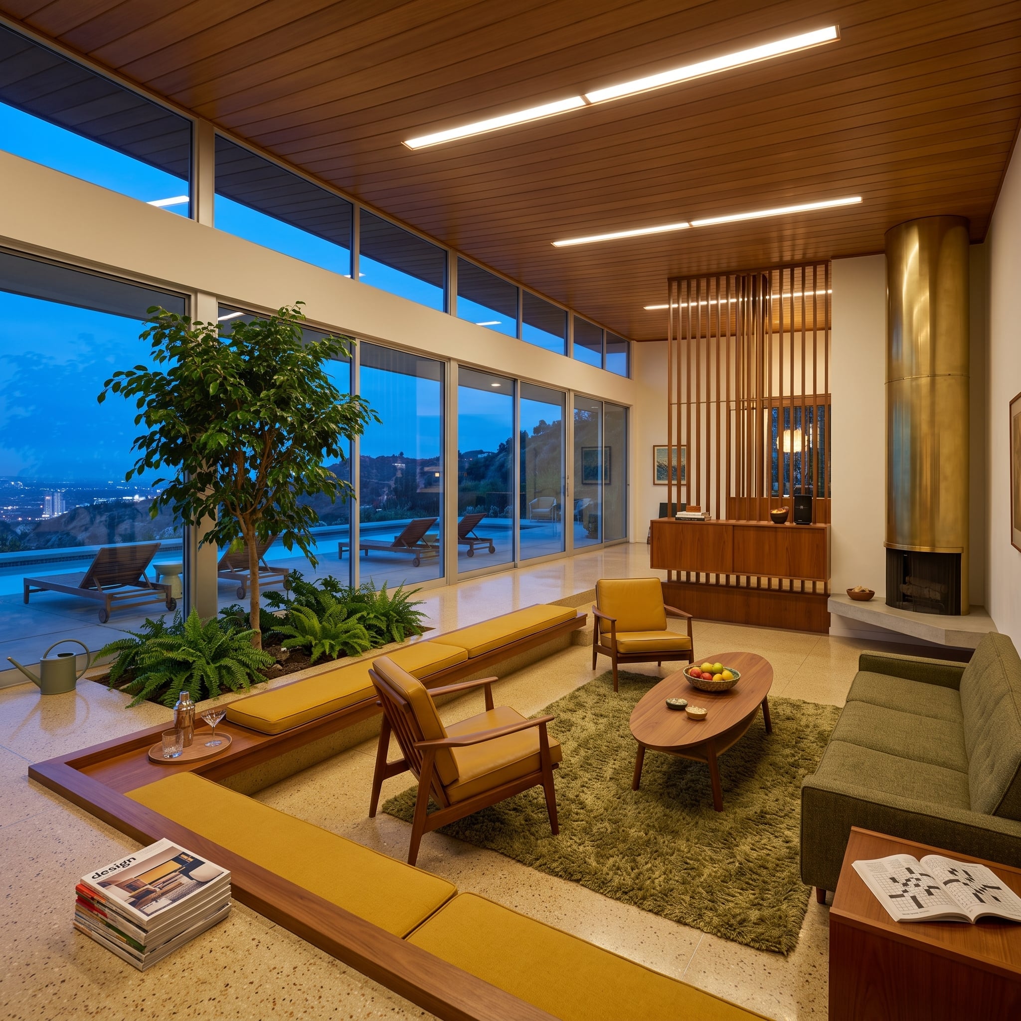 Sunken living room conversation pit with mustard cushions, olive shag rug, clerestory windows, and cylindrical brass fireplace