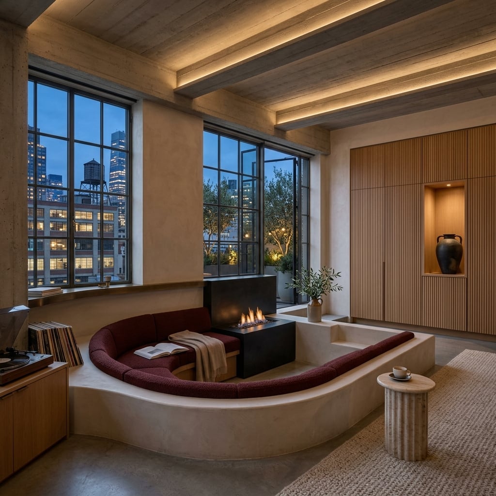 Modern high-rise living room with crimson curved conversation pit, recessed ceiling lighting, and city skyline views