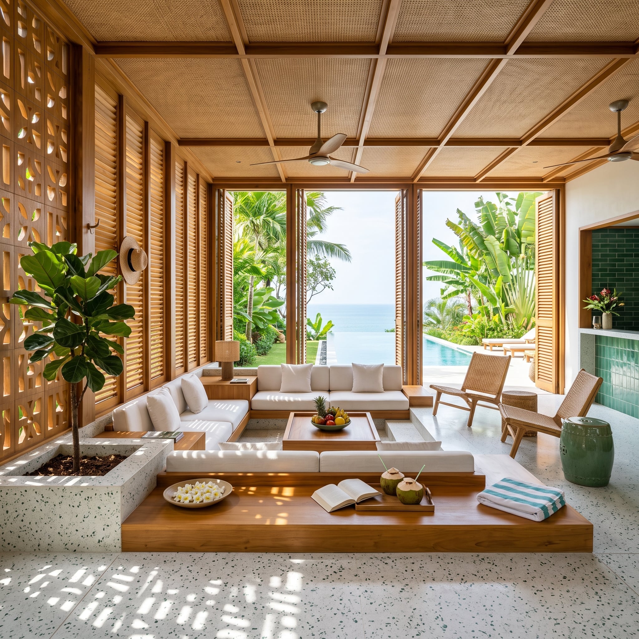 Tropical contemporary living room with teak louvered screens, terrazzo floor, low seating, and ocean views